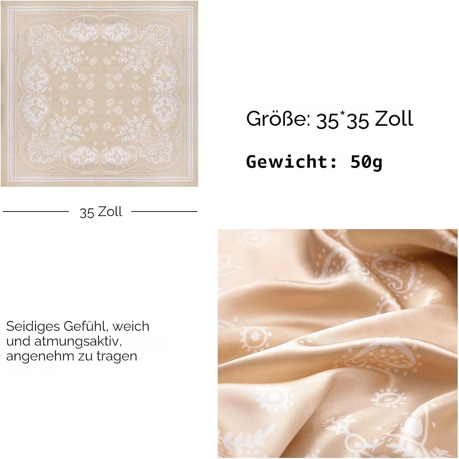 Detalle de HBselect 4 Stk. Kopftuch – 90×90 cm Quadrat-Schals für Damen, Seide-Gefühl