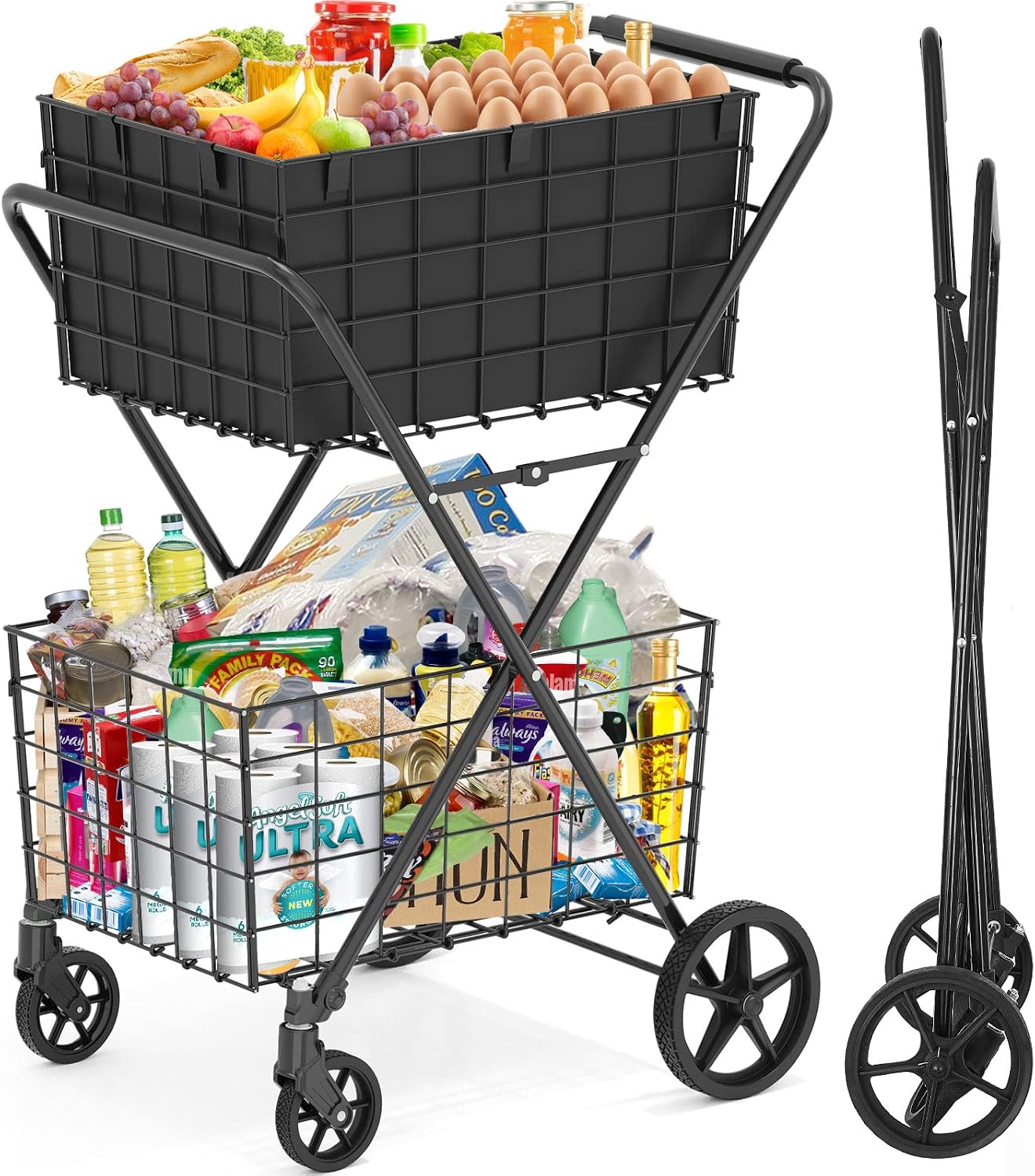Detalle de RXUJYC 2-Tier Shopping Cart For Groceries 001, Foldable Cart with 2 Baskets