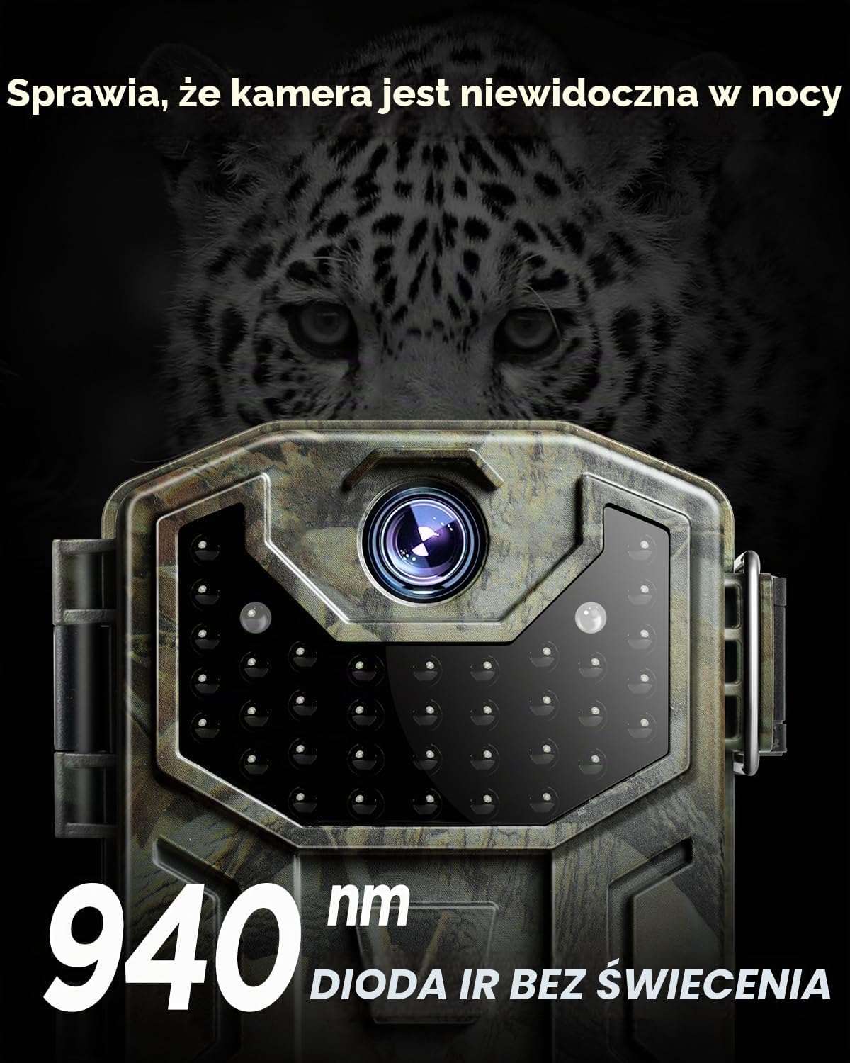 Detalle de iZEEKER iG200 – fotopułapka 32 MP, podczerwień 940 nm, IP66