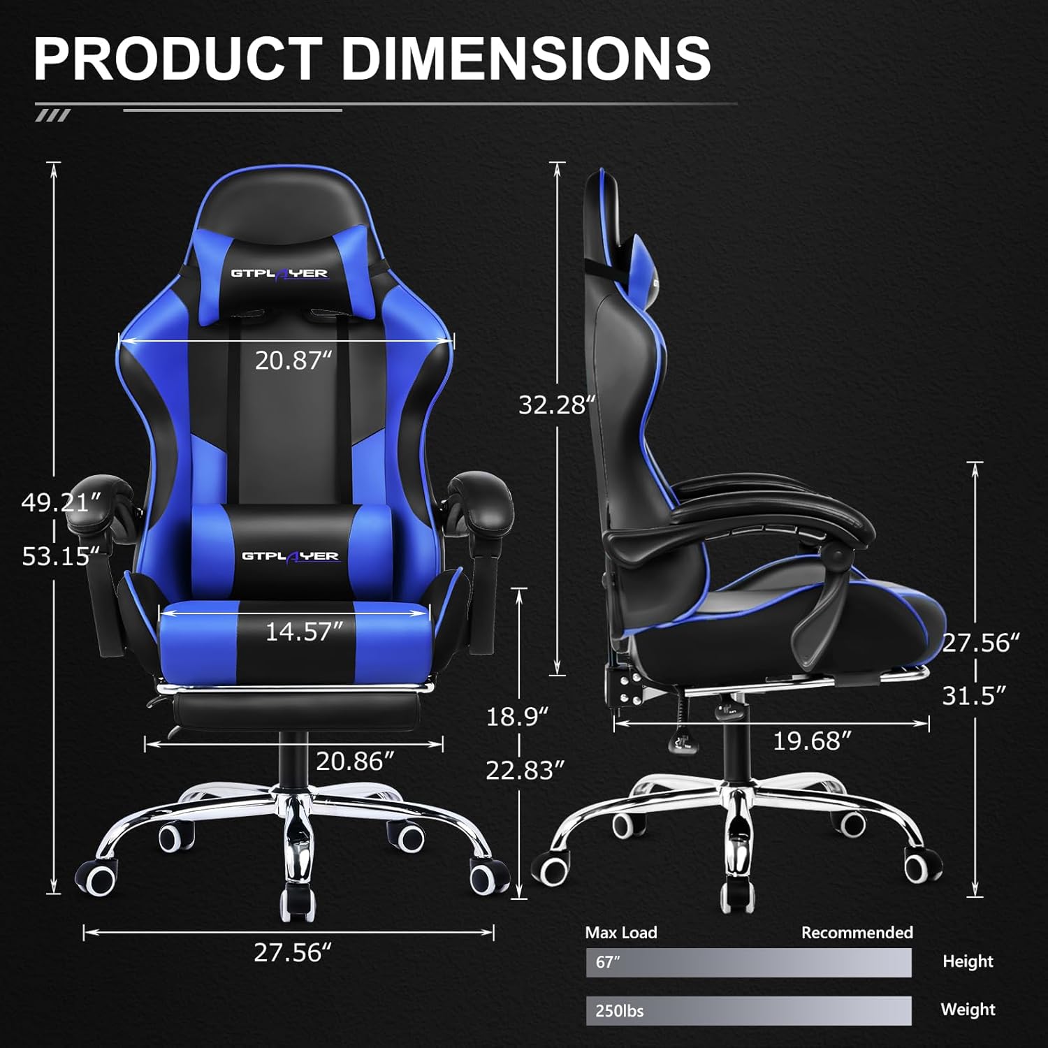 Thumbnail 2 de GTPLAYER Sedia da Gaming Ergonomica con massaggiatore sul poggiapiedi e supporto lombare, schienale reclinabile 90–135°, portata 150 kg (Blu)