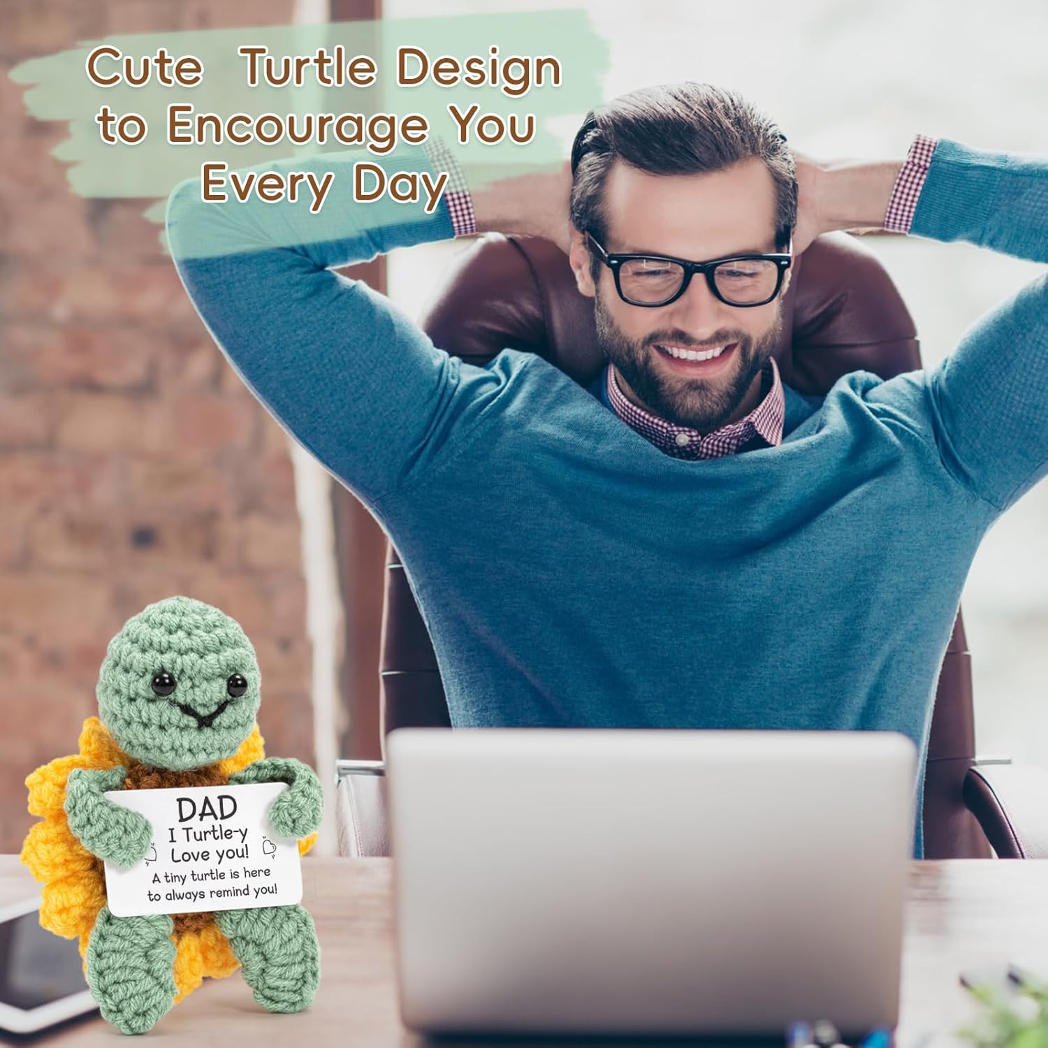 Detalle de Bafiwu Handmade Crochet Turtle – Positive Gift for Dad (Father's Day, Birthday, Christmas)