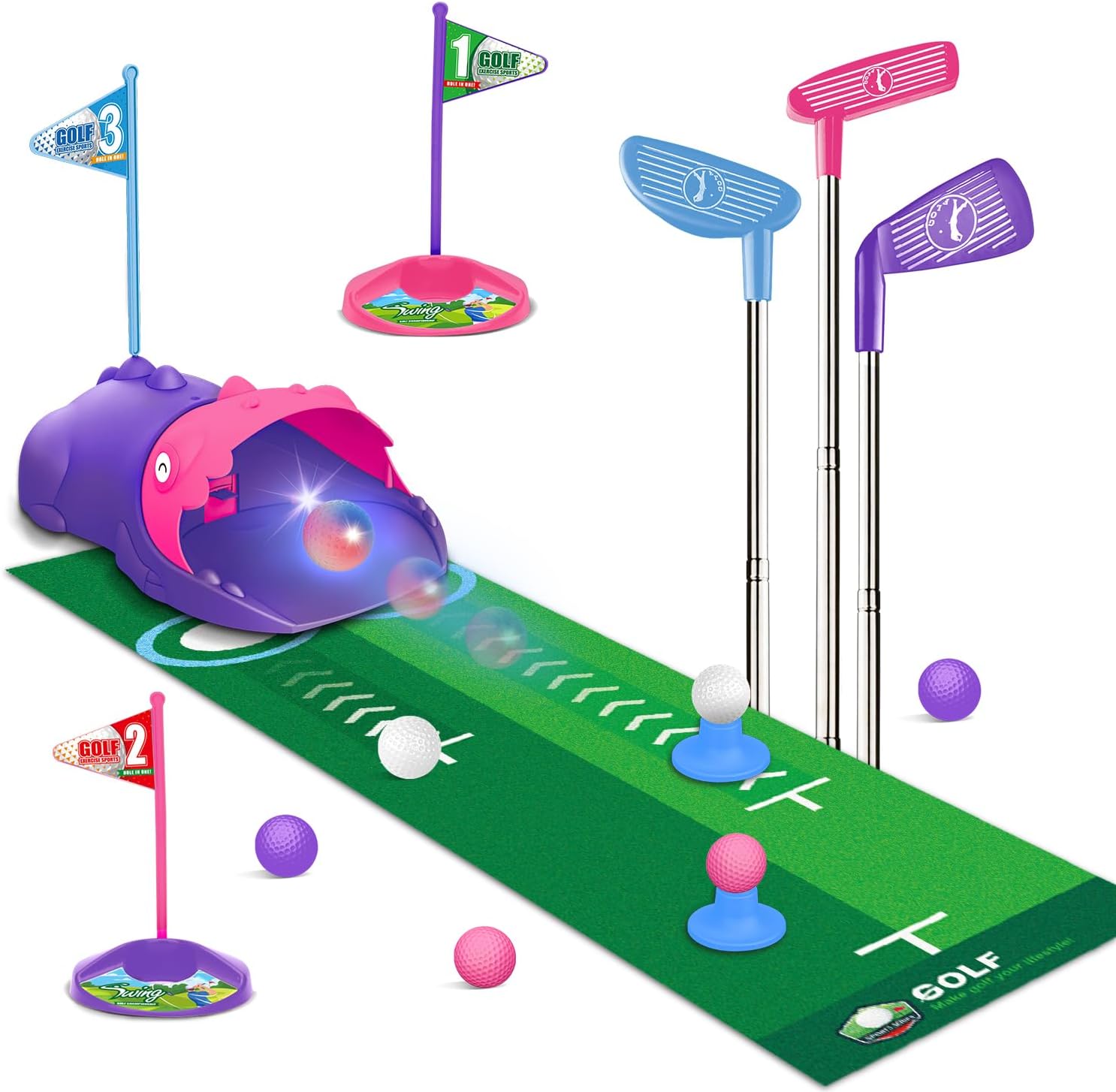 Clemas Upgraded Kids Toy Golf Set with Automatic Ball Returner (Pink) for Ages 3+
