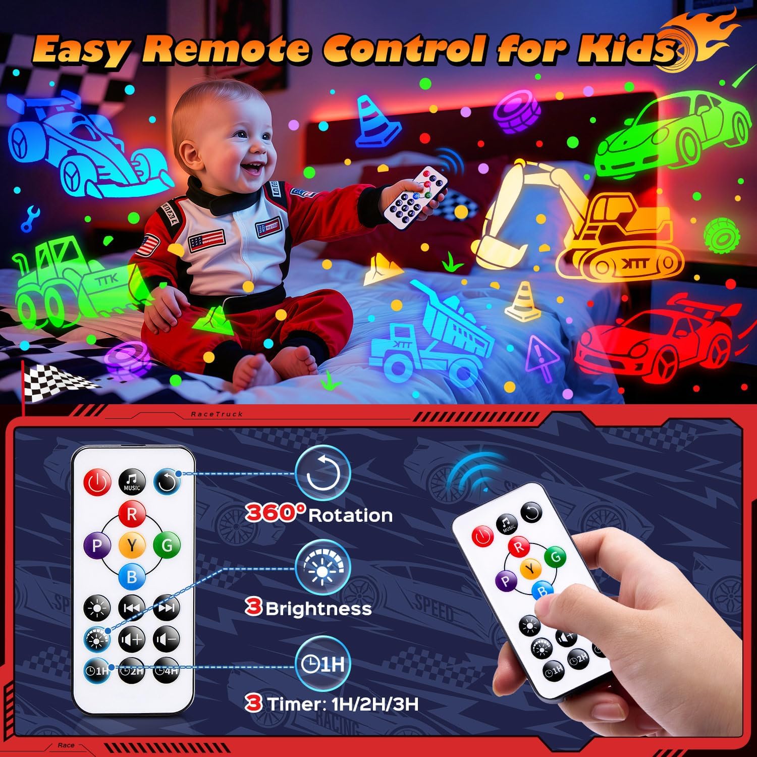 Thumbnail 6 de Toy Cars Projector Egg Shaped Night Light with 6HD Films, Sounds, 31 Colors, Remote, and 360° Rotation