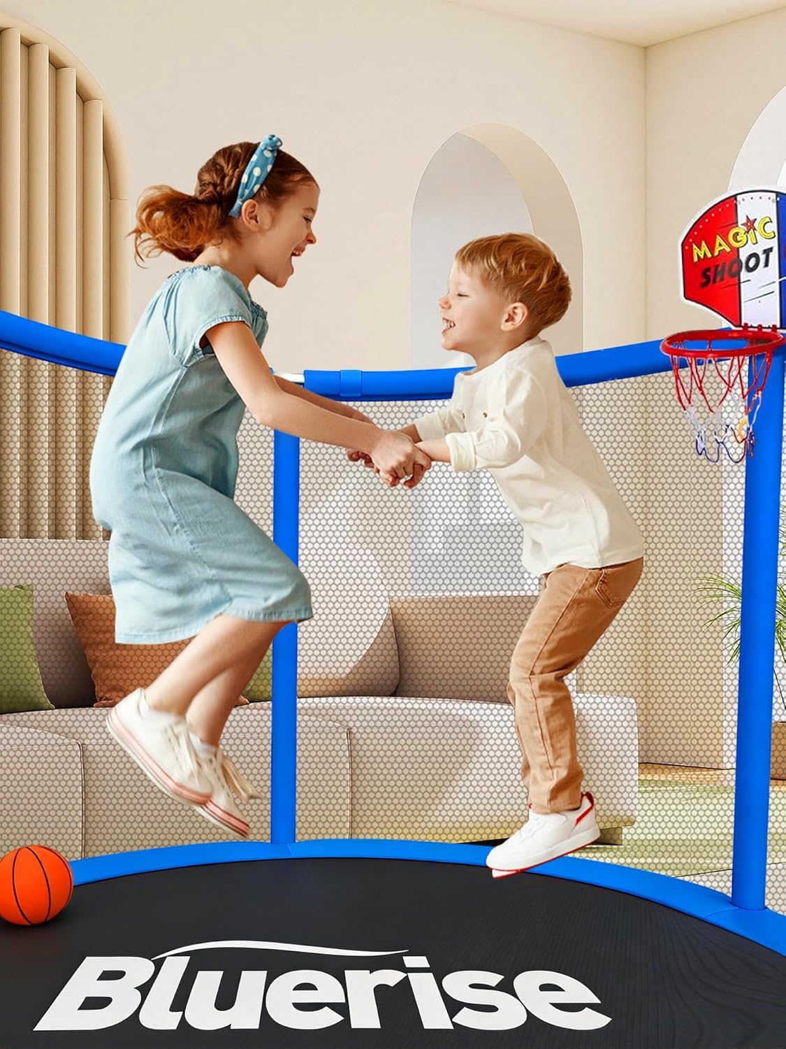 Detalle de BLUERISE 60" Trampoline for Kids with Adjustable Gymnastics Bar & Safety Net