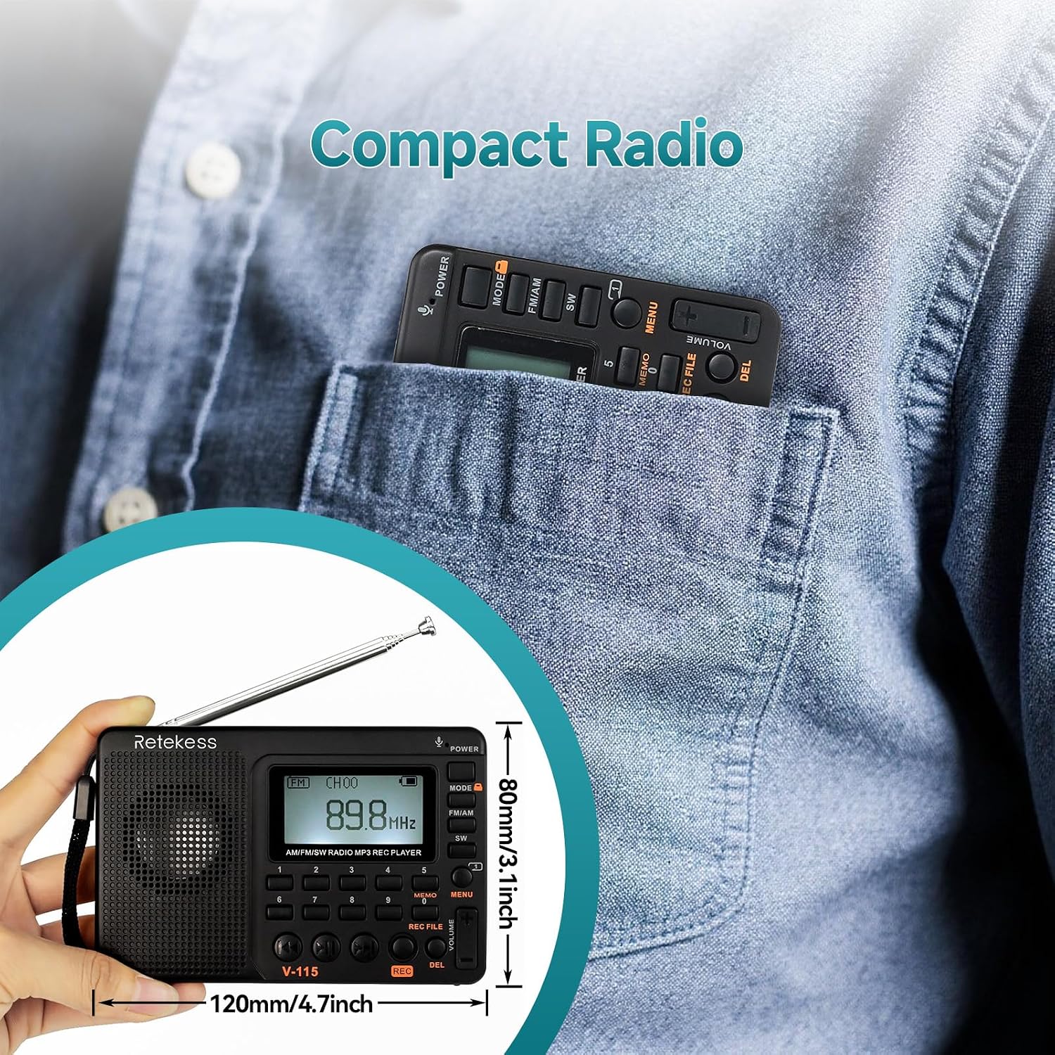 Detalle 2 de Retekess V115 draagbare radio met AM/FM/SW, LCD-scherm en opnamefunctie