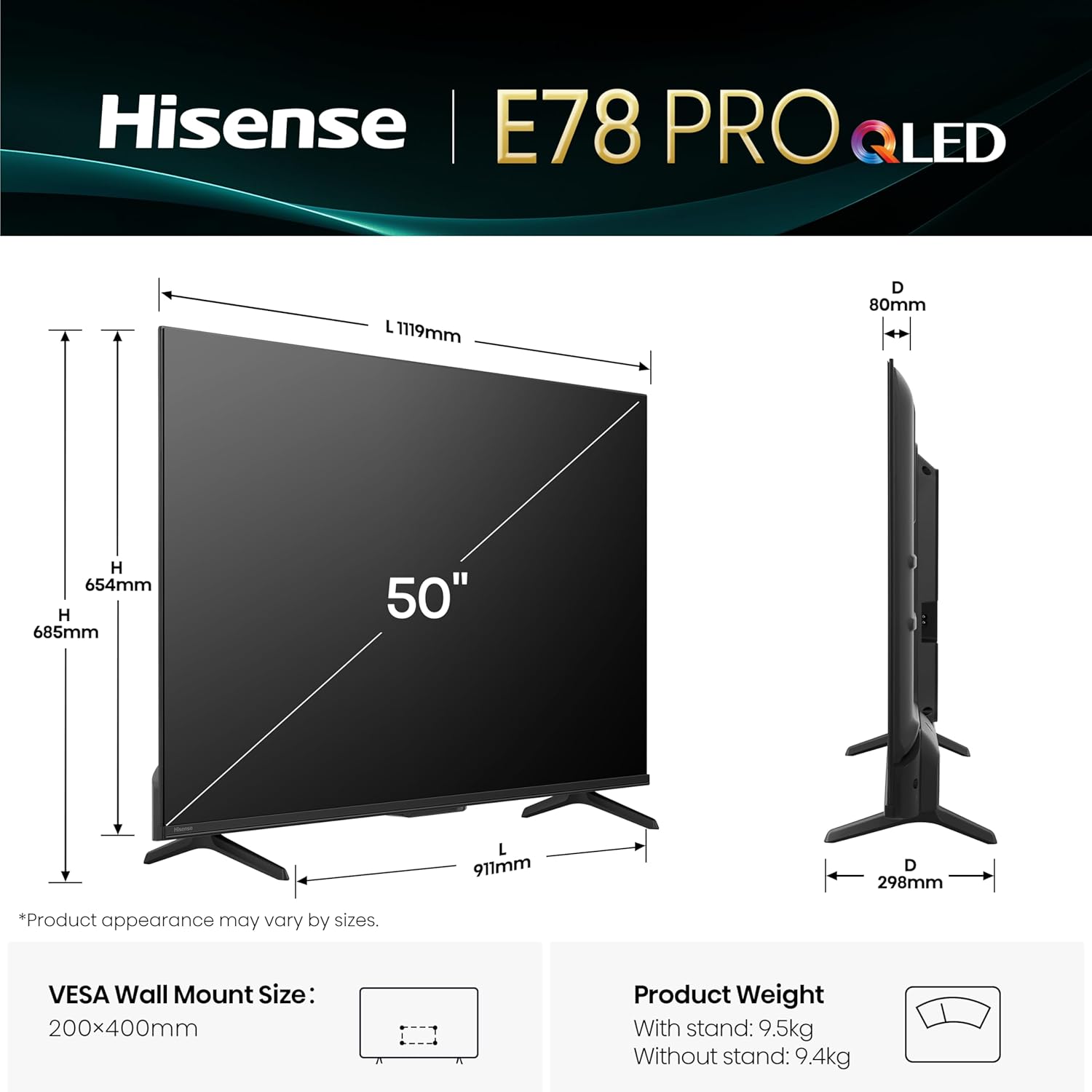 Thumbnail 3 de Hisense 50" 50E78QTUK PRO 144Hz QLED Smart AI TV (Dolby Atmos, FreeSync Premium PRO)