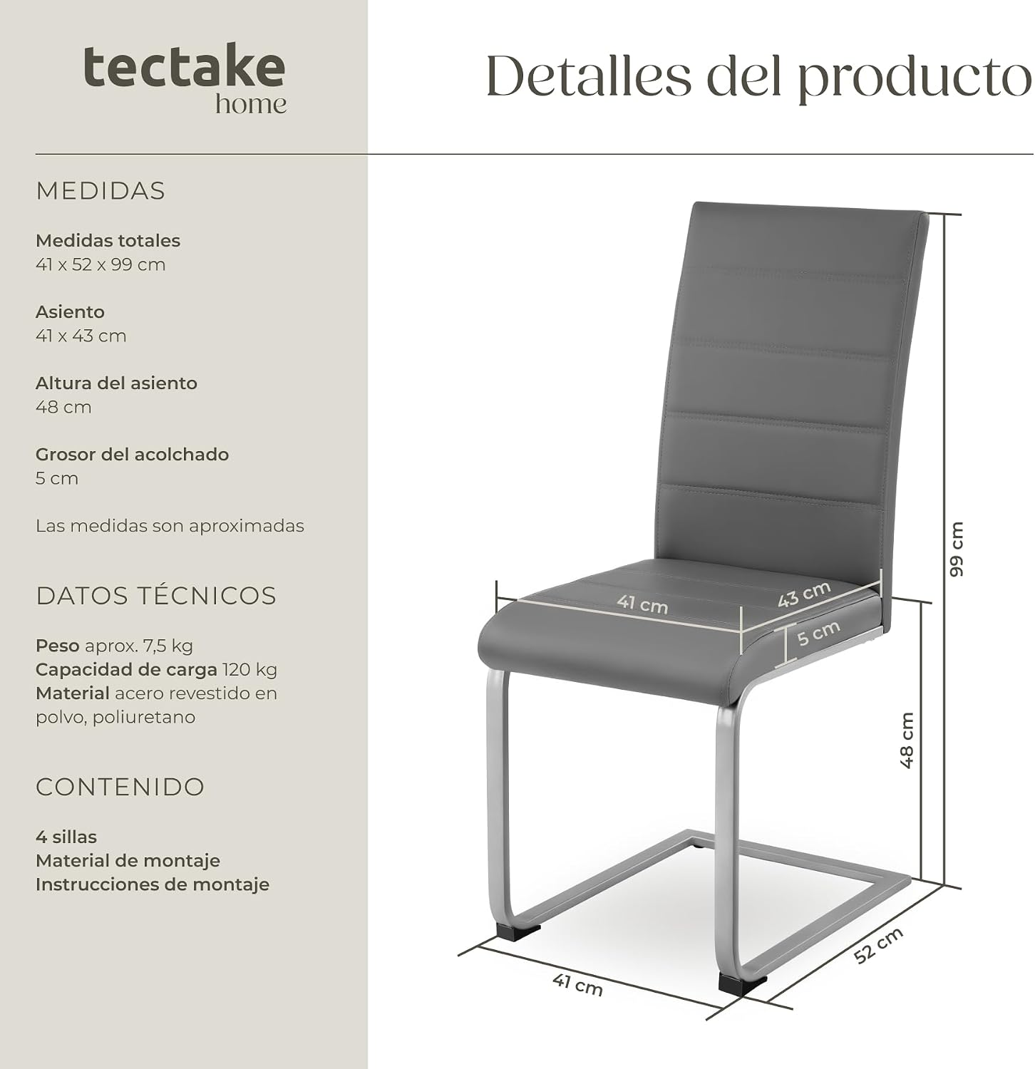 Thumbnail 2 de tectake® Conjunto de Sillas de Comedor 4 unidades gris