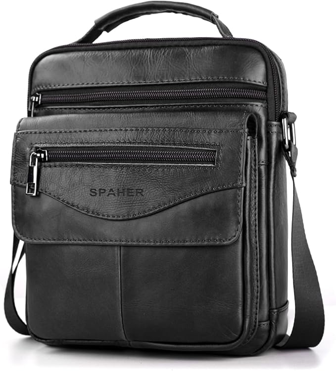 Detalle de SPAHER Bandolera de Cuero Grande para Hombre