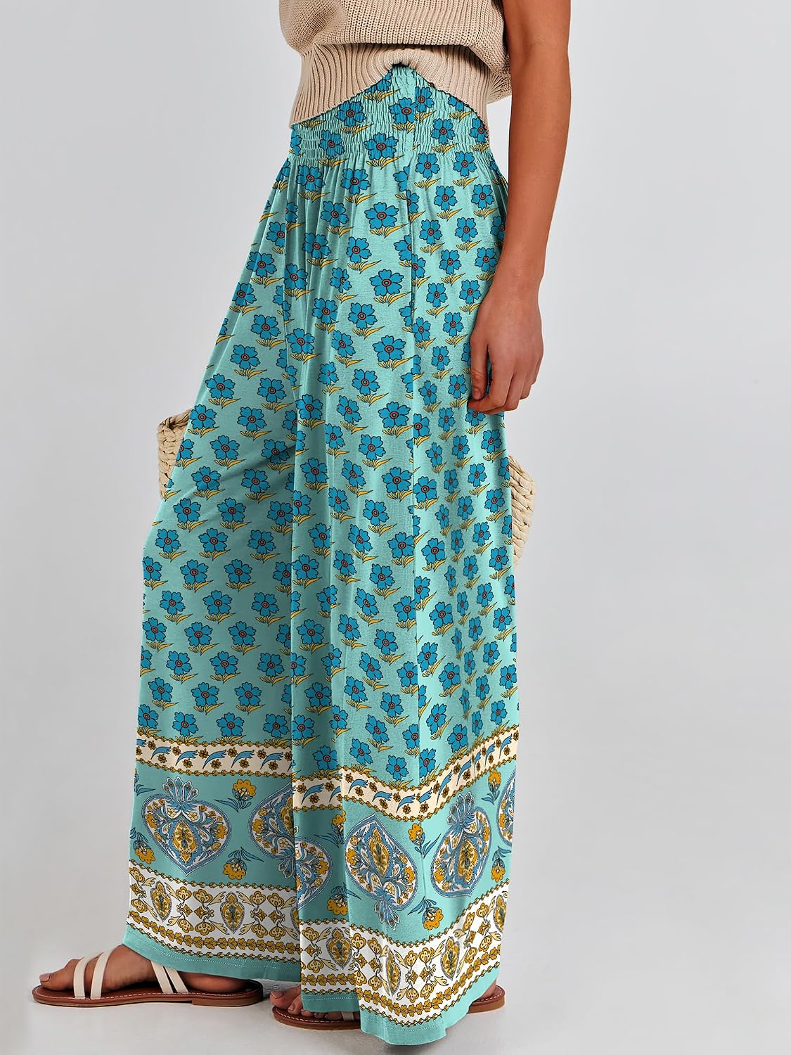 Detalle 2 de ANRABESS Women Palazzo Pants Summer Boho Bagyy Wide Leg High Smocked Waist with Pockets