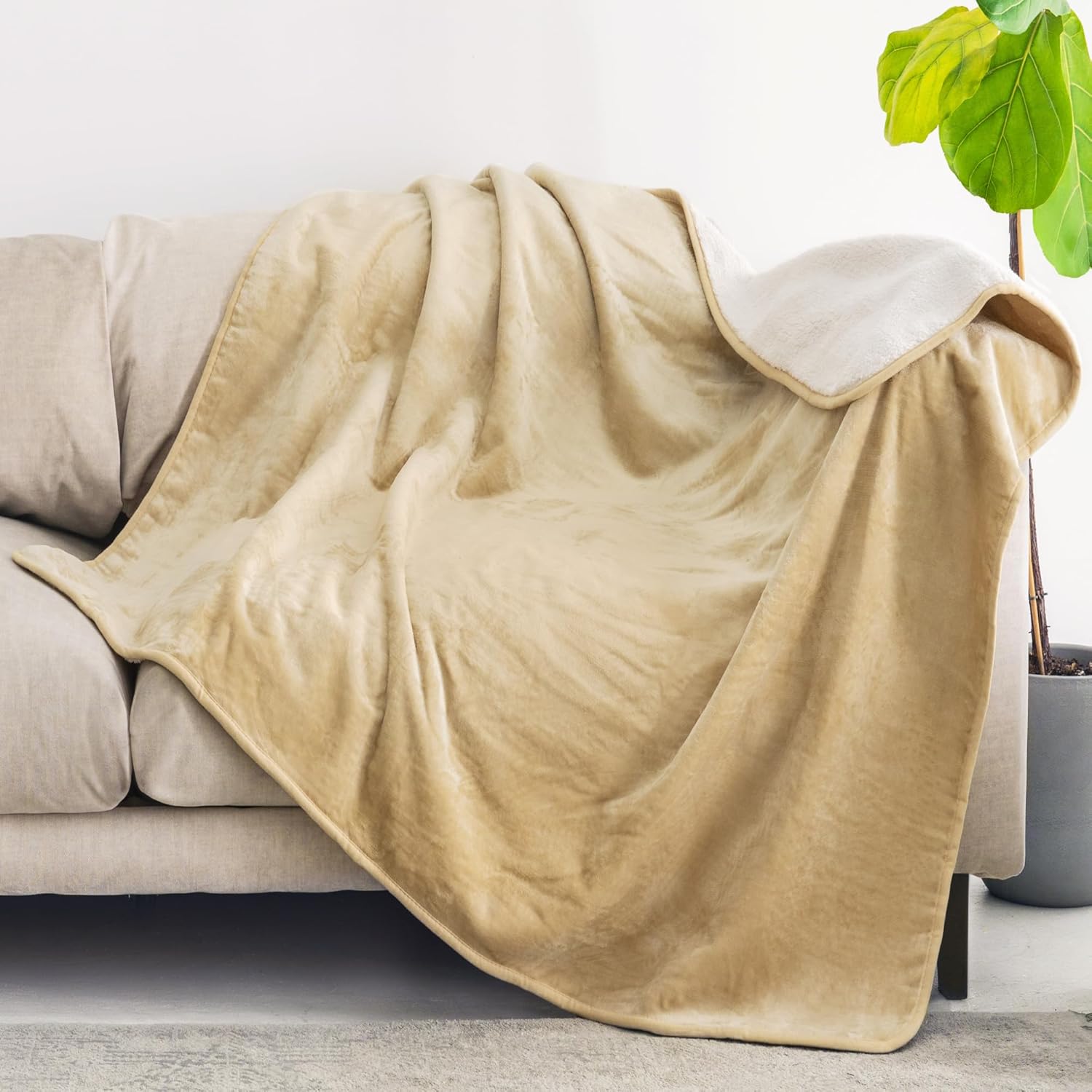 Detalle de Dreamzie wasserdichte Decke 100x120 cm – reversible Sherpa-Fleece Hundedecke für Sofa und Bett, Beige
