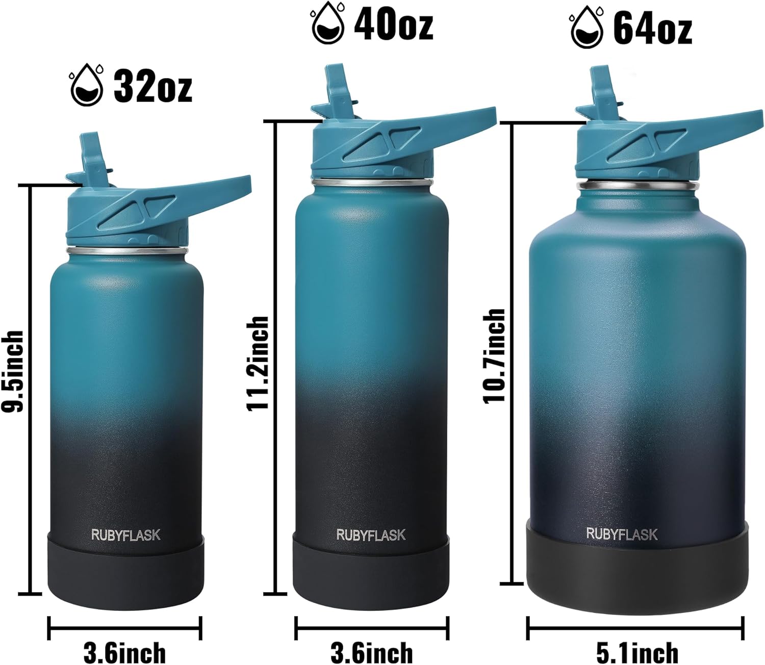 Thumbnail 5 de Rubyflask 32oz Insulated Water Bottle with Straw — Stainless Steel Vacuum Flask with 3 Lids (Indigo Black)