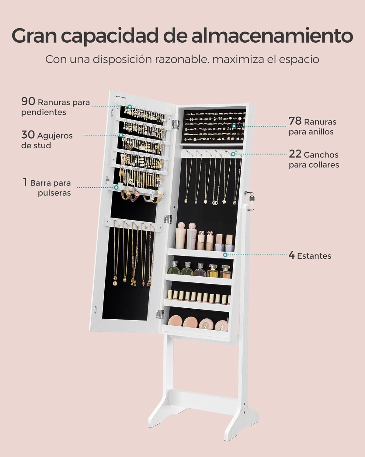 Detalle de SONGMICS Espejo Joyero JJC69WT: Armario bloqueable con espejo de cuerpo entero