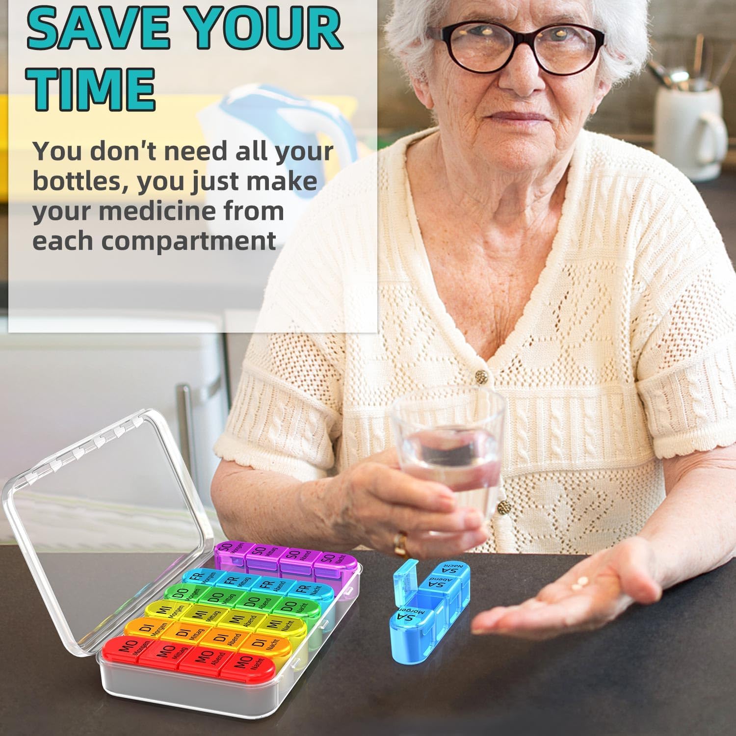 Thumbnail 5 de Doruimi Tablettenbox für 7 Tage mit großen Fächern – Morgens/Mittags/Abends, weiß