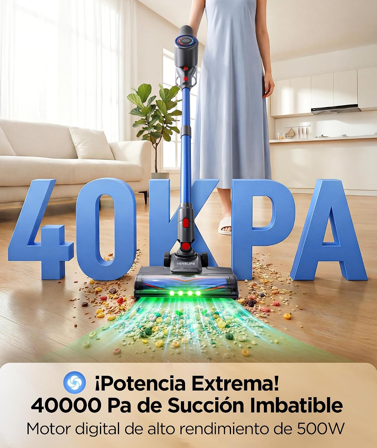 Detalle 2 de VersLife Z8 Aspiradora sin cable 40KPA/500W con pantalla LED y luz verde para pelo de mascotas