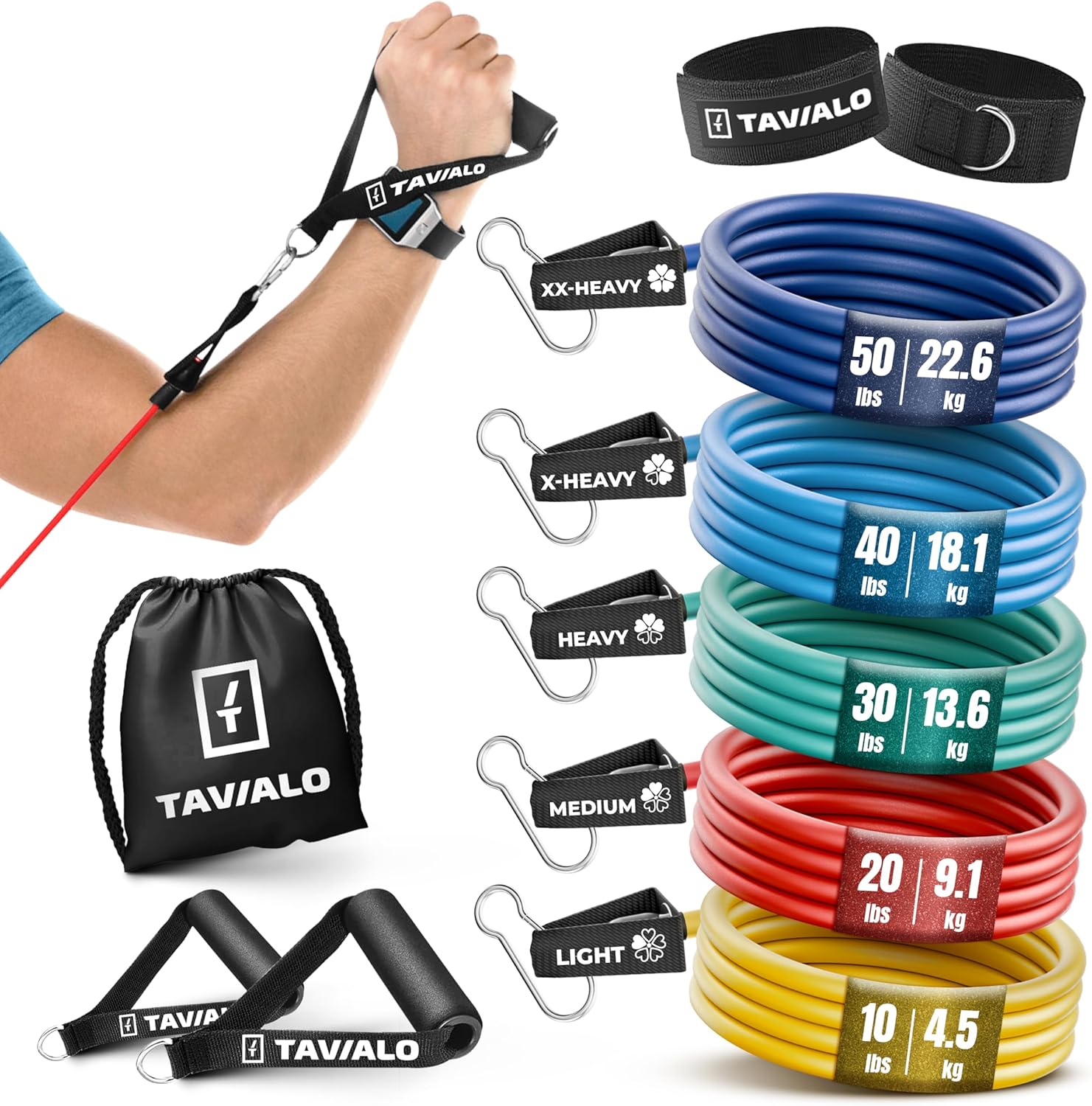 TAVIALO Élastique de musculation avec poignées (lot de 5 bandes) en latex naturel