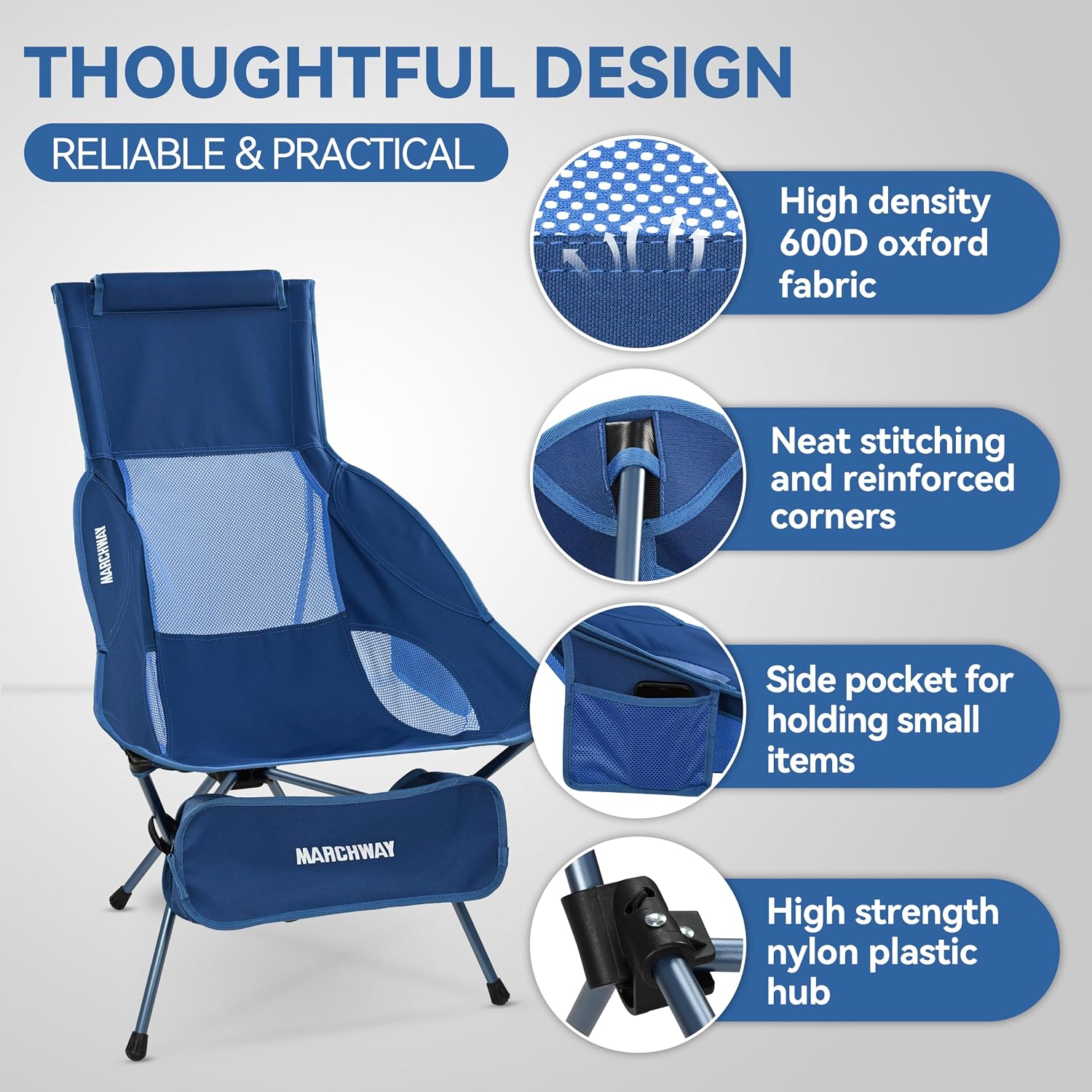 Detalle de MARCHWAY Lightweight Folding High Back Camp Chair with Head Support (Highback Dark Blue)