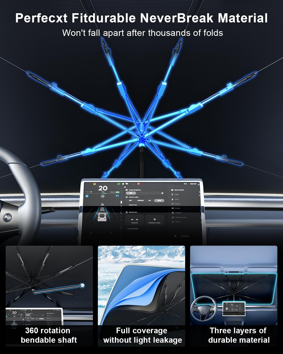 Thumbnail 2 de helloleiboo Car Windshield Sun Shade Umbrella (57" x 32") with 5-Layer UV & Heat Protection Coating