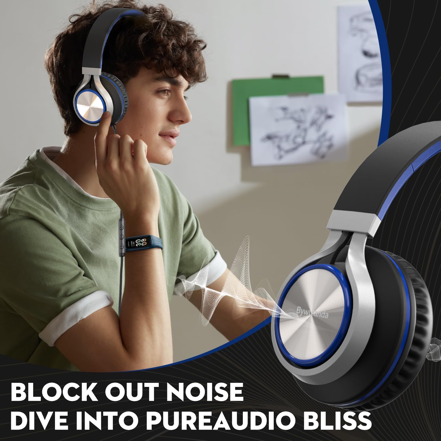 Thumbnail 1 de Bywulanda USB-C Headphones with Mic and Volume Control – Over-Ear, Foldable, 40mm Driver, 47in Braided Cable