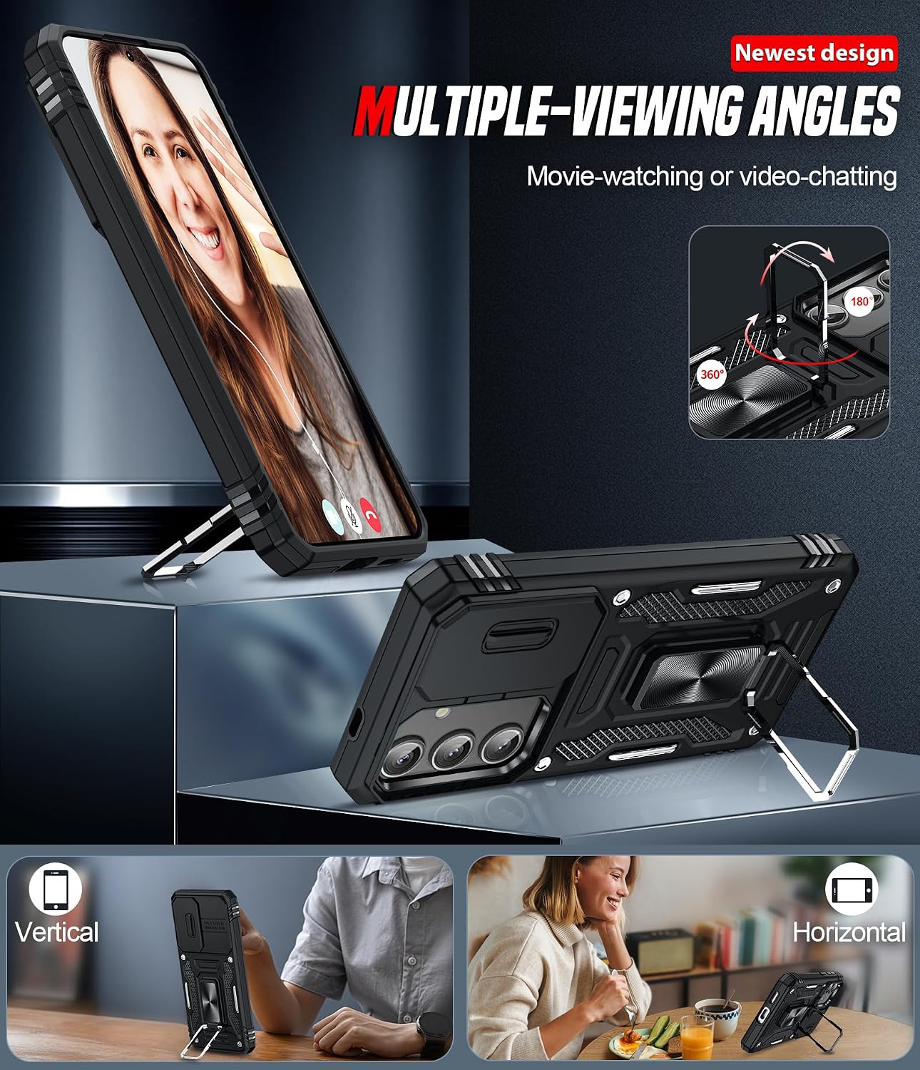 Thumbnail 4 de LeYi Galaxy S25 case with sliding camera lens cover and rotatable ring stand (black)