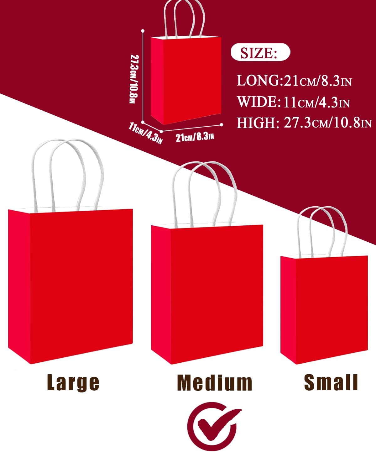 Detalle de Gcardist 50-Pack Red Paper Gift Bags with Handles – Medium, 10.6 x 8.3 x 4.3 inches