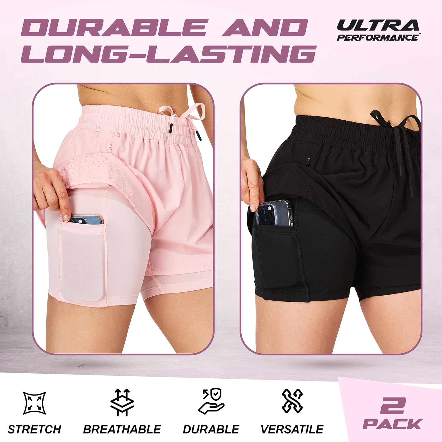 Thumbnail 4 de Ultra Performance Women's Running Gym Shorts (2-Pack) with Built-In Liner and Phone Pocket