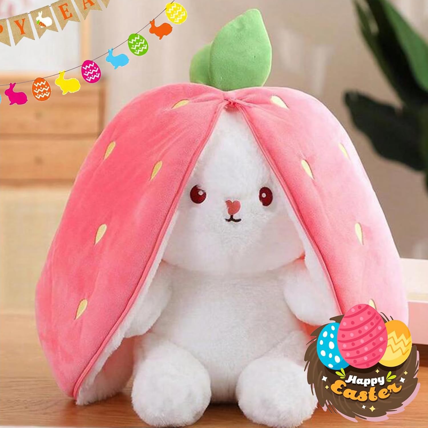 Thumbnail 6 de Irunfast 23cm Easter Bunny Plush Toy (Reversible Strawberry Bunny with Zip Surprise)
