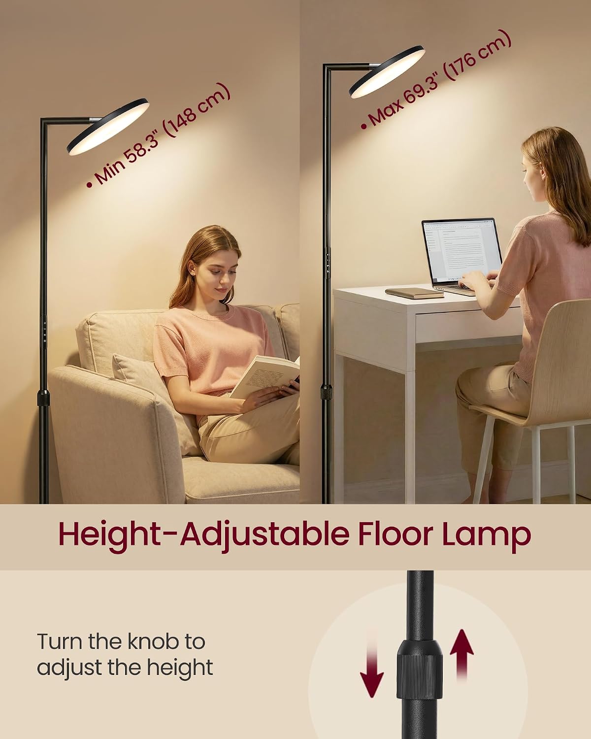 Detalle de VASAGLE LFL008BD01 LED Floor Lamp, 36W Adjustable Height, Rotating Head