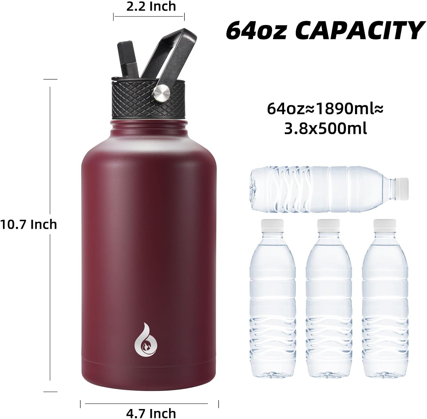 Detalle 2 de BJPKPK Half Gallon Insulated Water Bottle with Straw Lid (64oz) in Brick Red