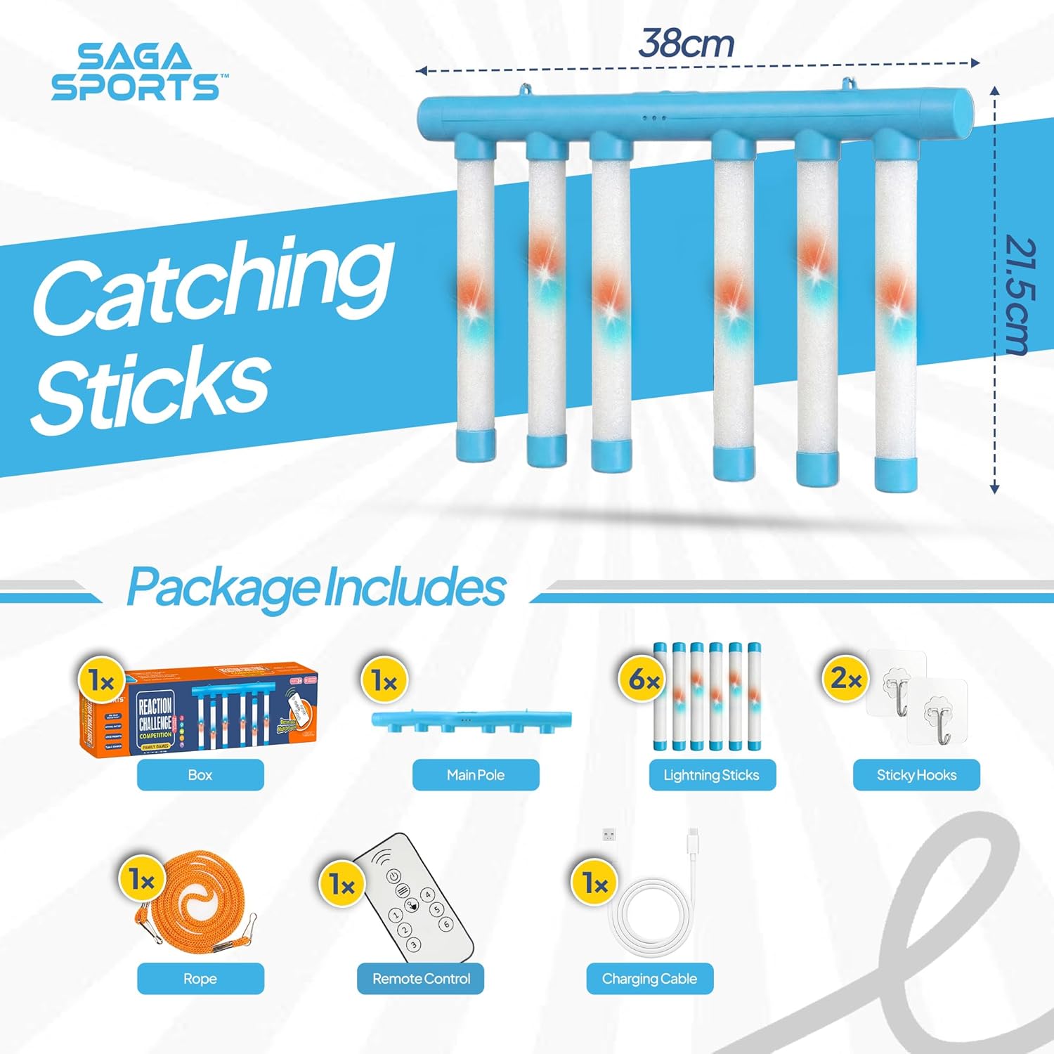 Thumbnail 1 de SAGA SPORTS Catching Sticks Game – Drop It Catch It reaction challenge with LED & controller (USB rechargeable)
