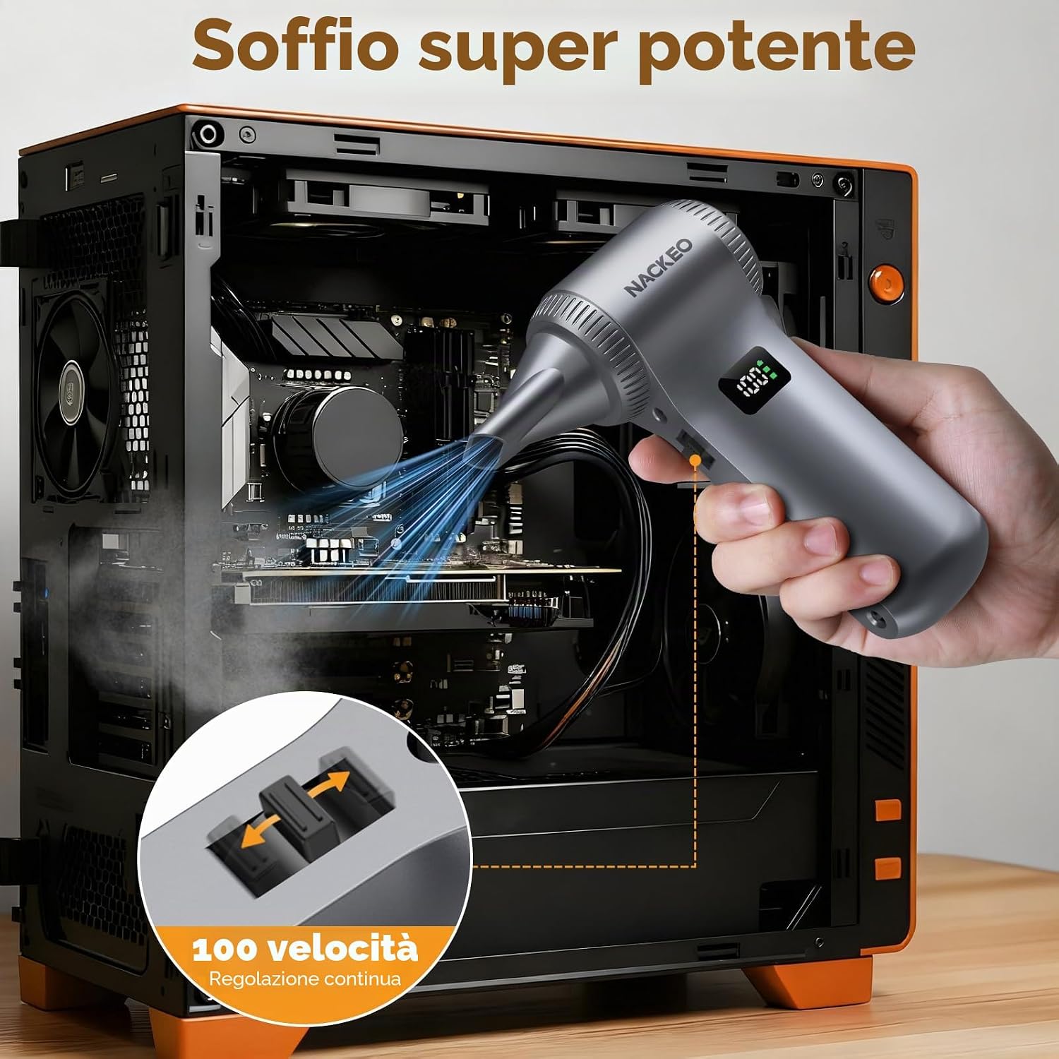 Detalle de Ventilatore elettrico Air Duster 230.000 giri/min con batteria 10.500 mAh e velocità regolabile a 100 livelli