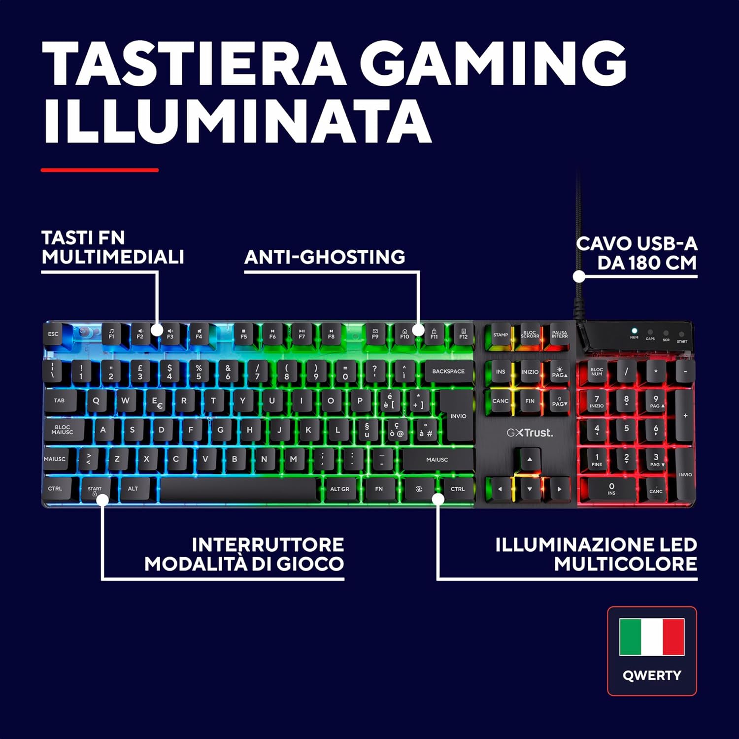 Detalle de GXTrust 835 Azor Tastiera Gaming - Layout Italiano QWERTY, USB, RGB LED, Anti-ghosting