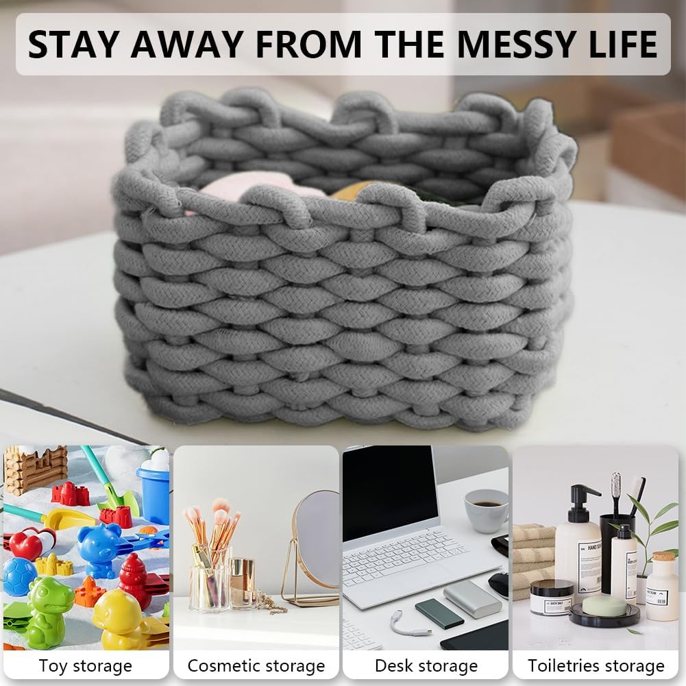 Detalle de Aolso Panier Rangement, 2 Panier en Corde de Coton Gris – Rangement Élégant pour Salle de Bain et Plus