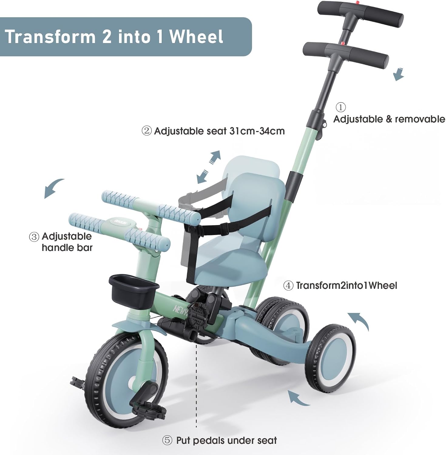 Thumbnail 2 de newyoo Trike with Parent Handle (TR007) – 5-in-1 Toddler Tricycle for 1–3 Year Olds