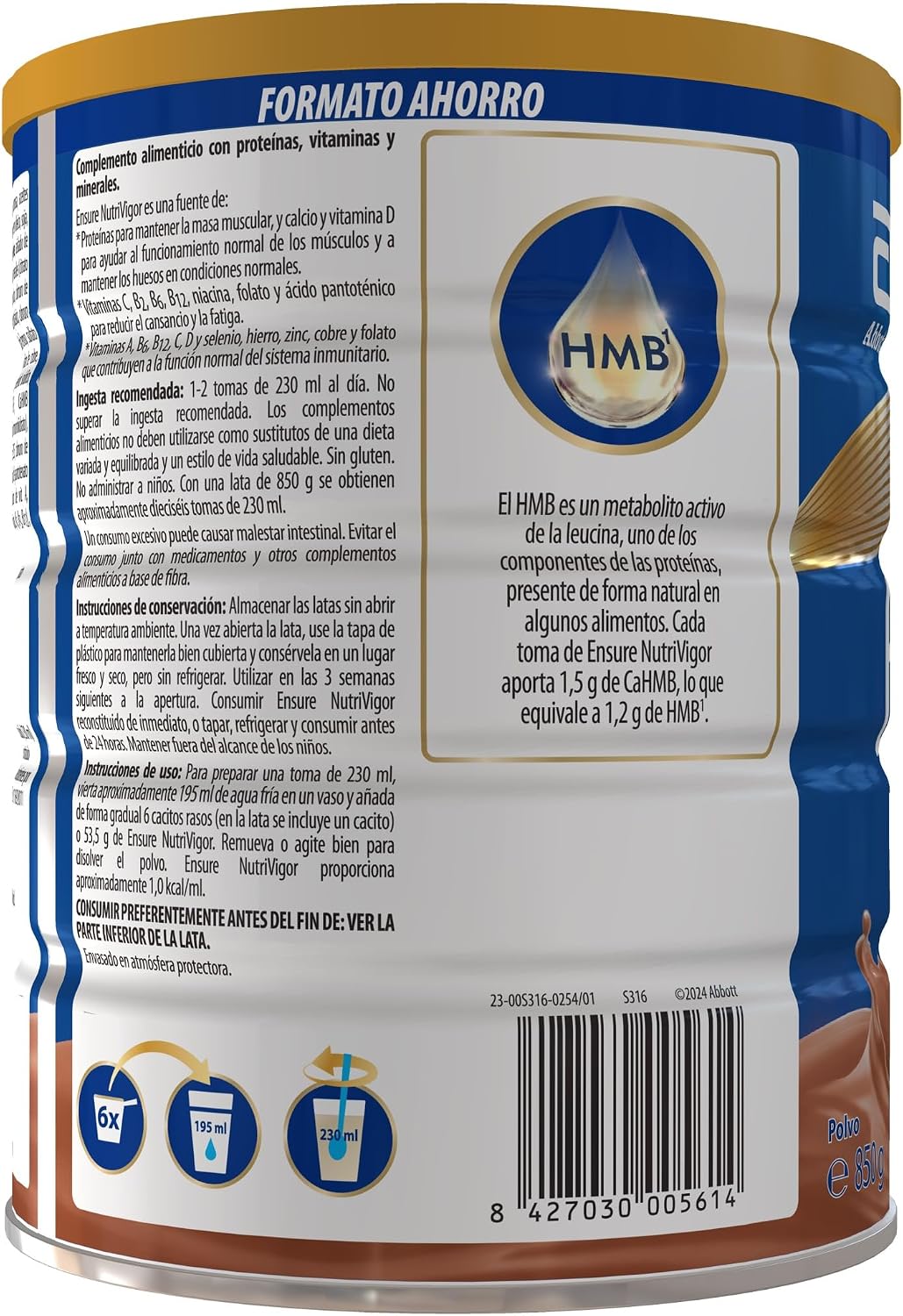 Detalle de Ensure Nutrivigor Chocolate - Complemento con HMB, Proteínas y Vitaminas 🍫