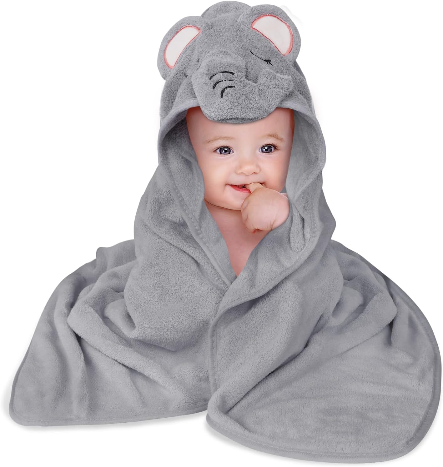 Detalle de Aolso Serviette de Bain Capuche Bébé 80x80 cm, Velours Corail Doux et Ultra Absorbante — Éléphant Gris