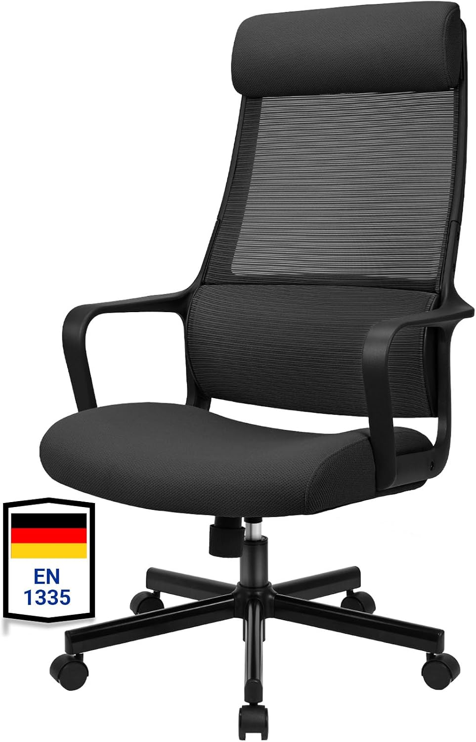 Detalle de MELOKEA Schreibtischstuhl: Ergonomischer Bürostuhl mit verstellbarer Lordosenstütze, Kopfstütze und Hoher Rückenschonung – Schwarz