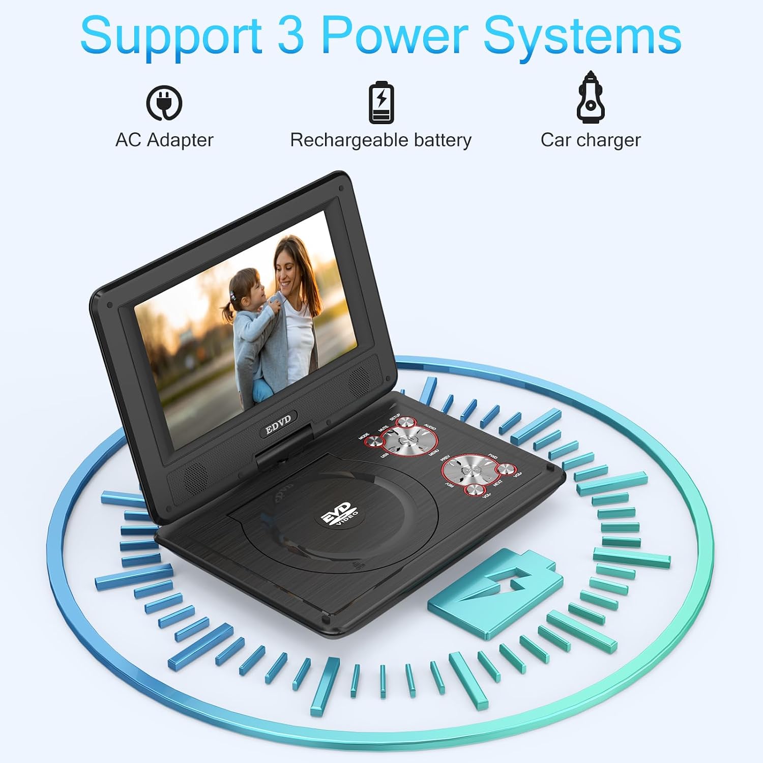 Detalle de SQQBZZ PD-9806 Portable DVD Player, 9.5-Inch Swivel Screen, 5-Hour Battery