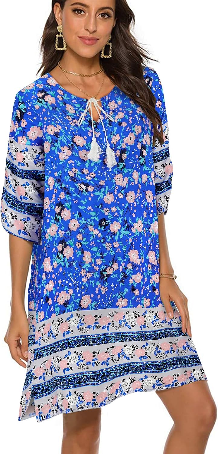 Detalle de BDTECAOR Damen Vintage Ethnostil Tunika-Kleid mit Blumenmuster und V-Ausschnitt (3/4-Arm)