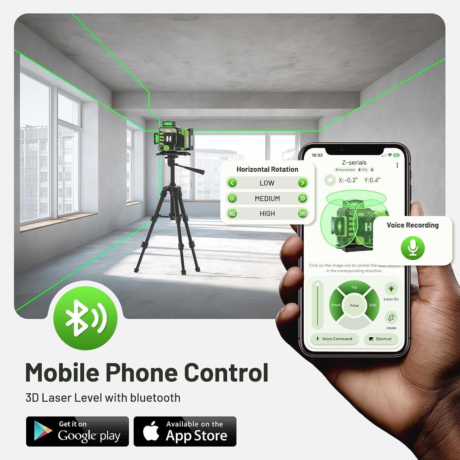 Detalle 2 de Huepar W03CG New Construction 3D 3x360 Green Laser Level (Bluetooth, Electric 360° Base & Large LCD)