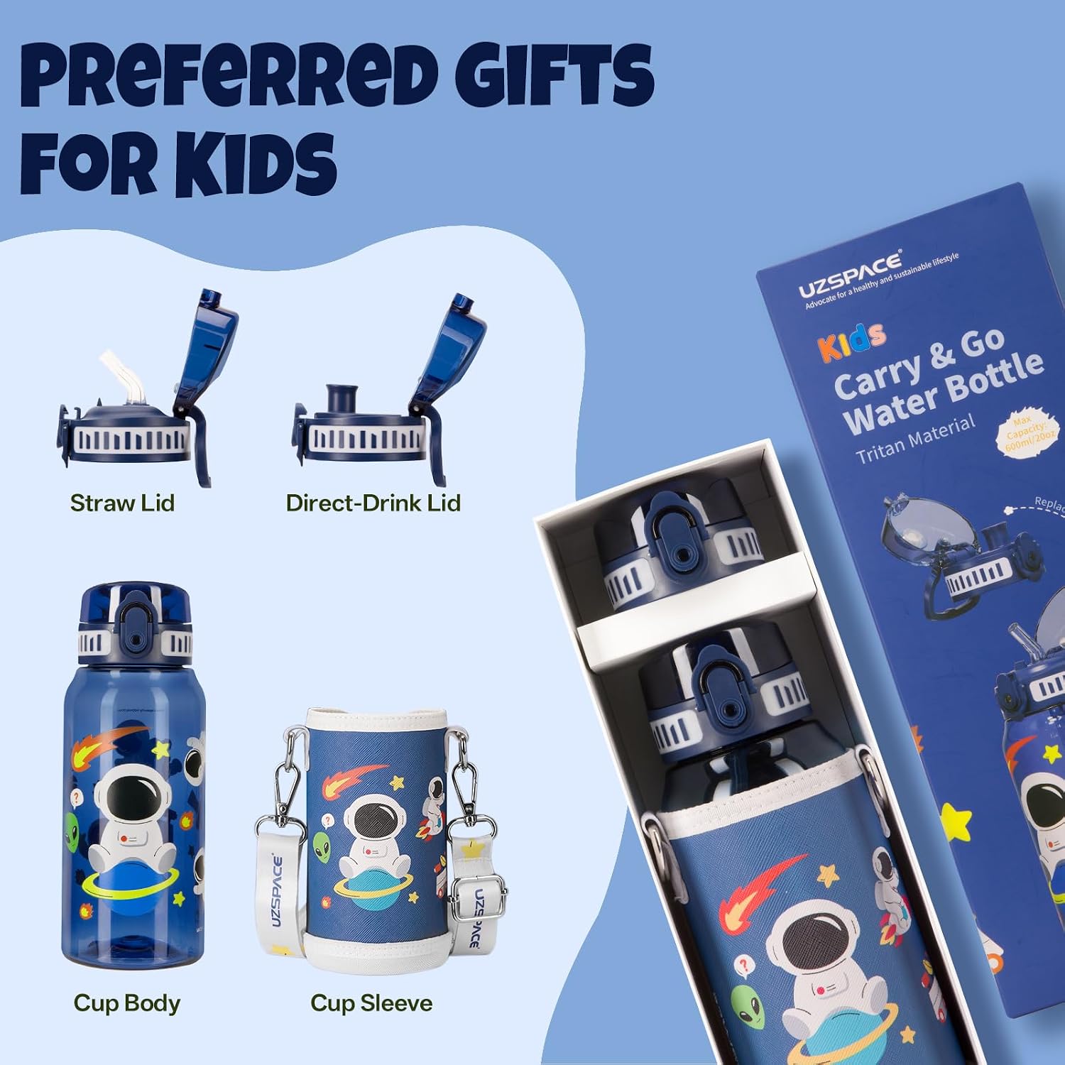 Thumbnail 1 de UZSPACE Kids Water Bottle with 2 Lids – 600ml Tritan, BPA-Free, Leakproof