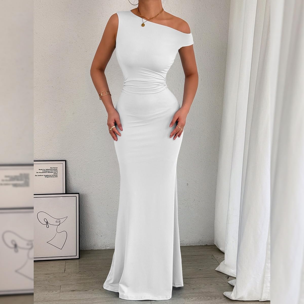 Detalle de Belriviere Womens Off The Shoulder Maxi Dress - Ruched Fishtail Bodycon Gown