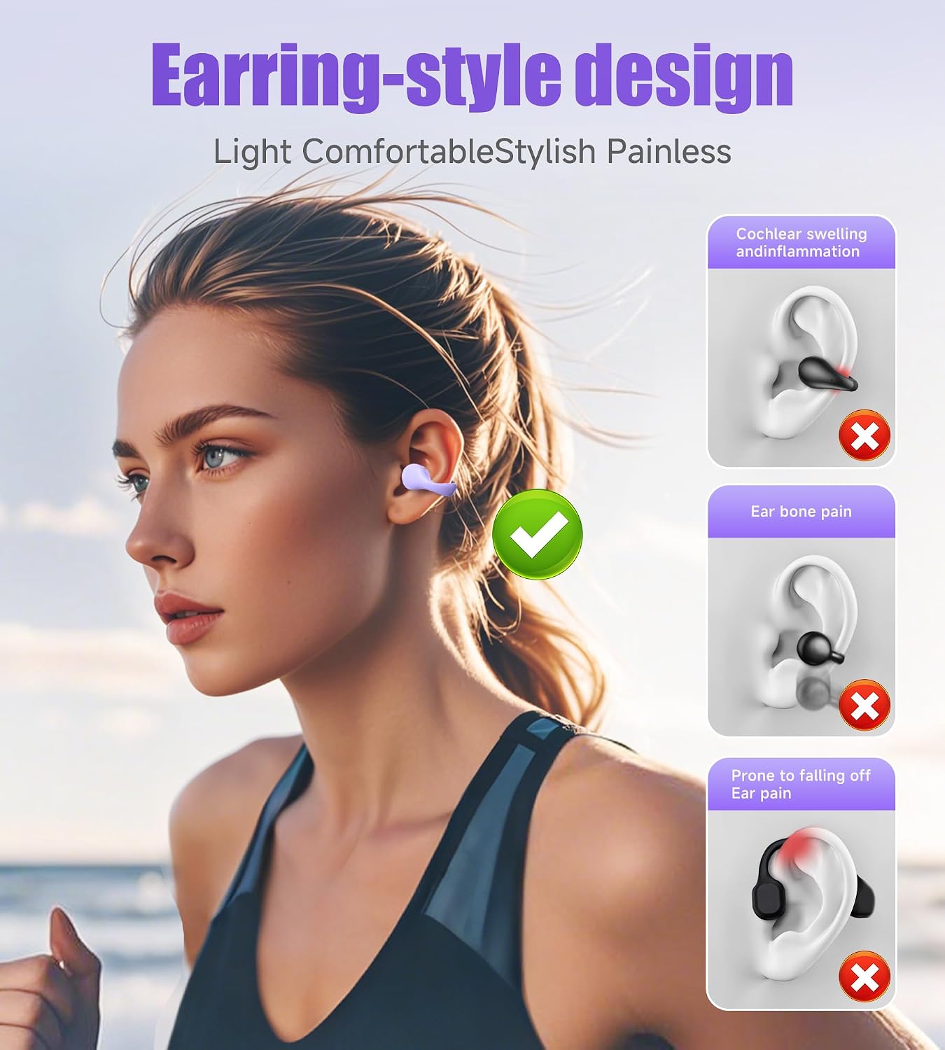 Thumbnail 6 de King Lucky i21 Open Ear Clip-On Earbuds with Mic – Bluetooth 5.3, IPX4, for Small Ears (Purple)