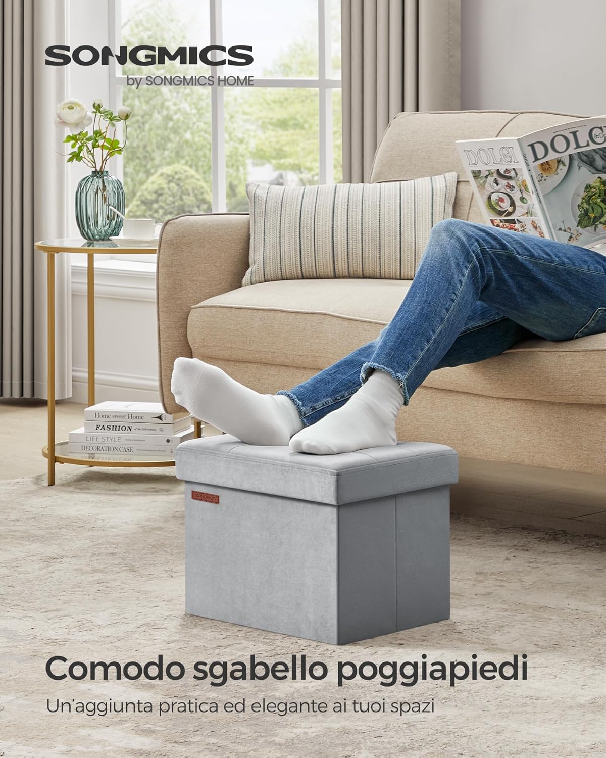 Thumbnail 3 de SONGMICS Pouf pieghevole in velluto LSF200R01 rosa pastello con cassapanca e poggiapiedi