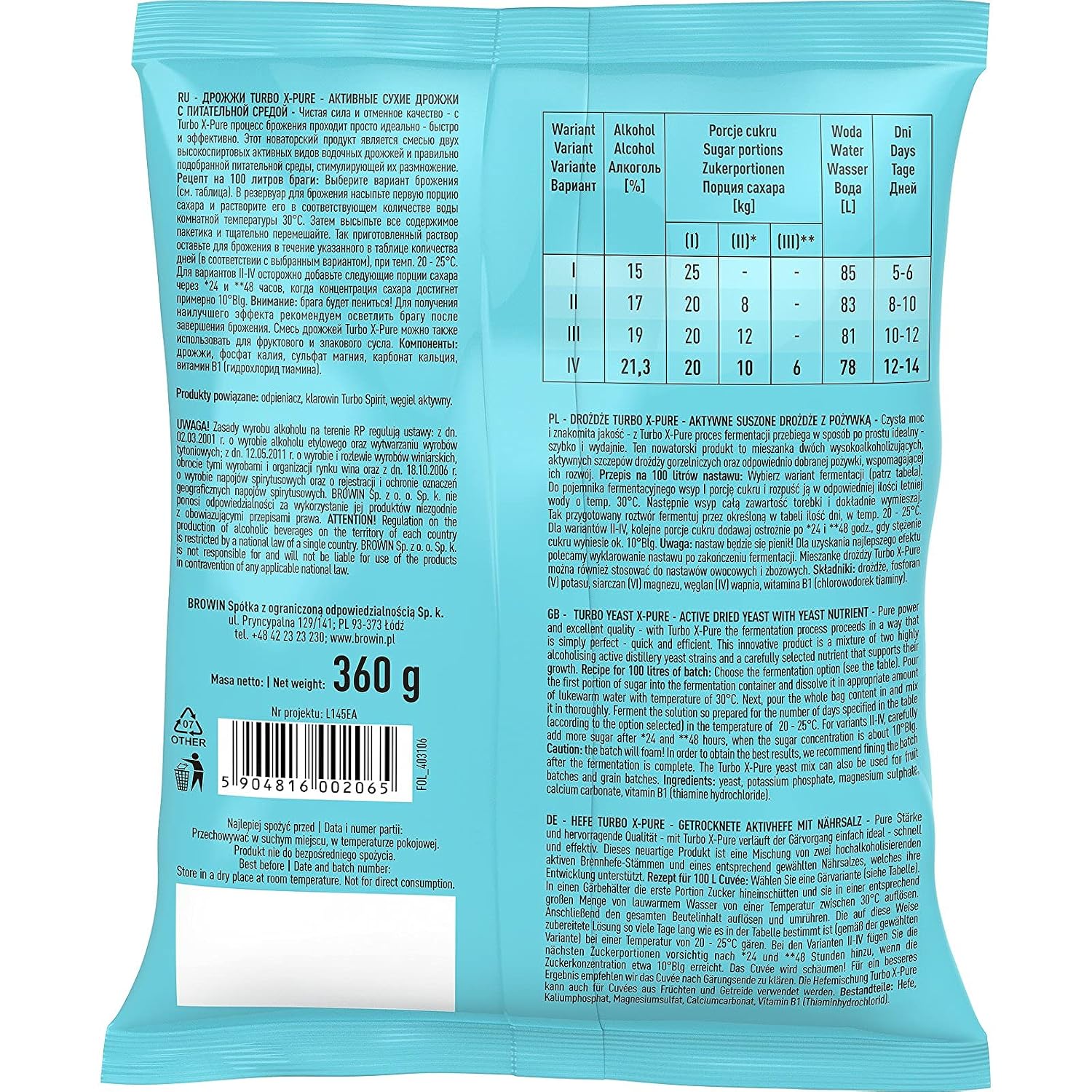 Detalle 2 de BROWIN® Hefe Turbo X-Pure 403106 – Destillation | Gärhefe bis 21,3% Alkohol in 48 Stunden für 100 Liter
