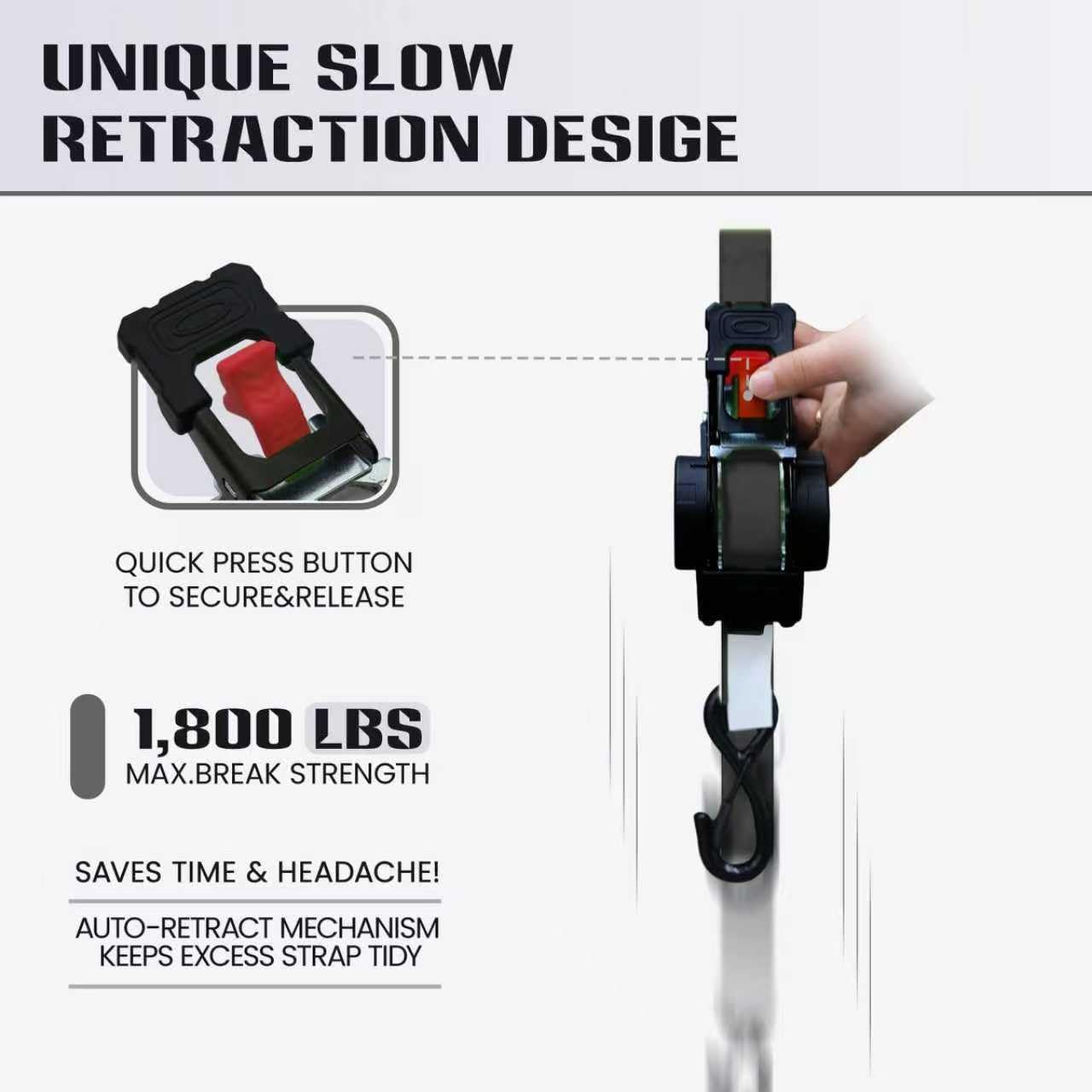 Detalle de Retractable Ratchet Straps 1in x 13ft (4-Pack) — Heavy-Duty Auto Slow Retraction Tie-Downs for Truck, Trailer, Motorcycle & More