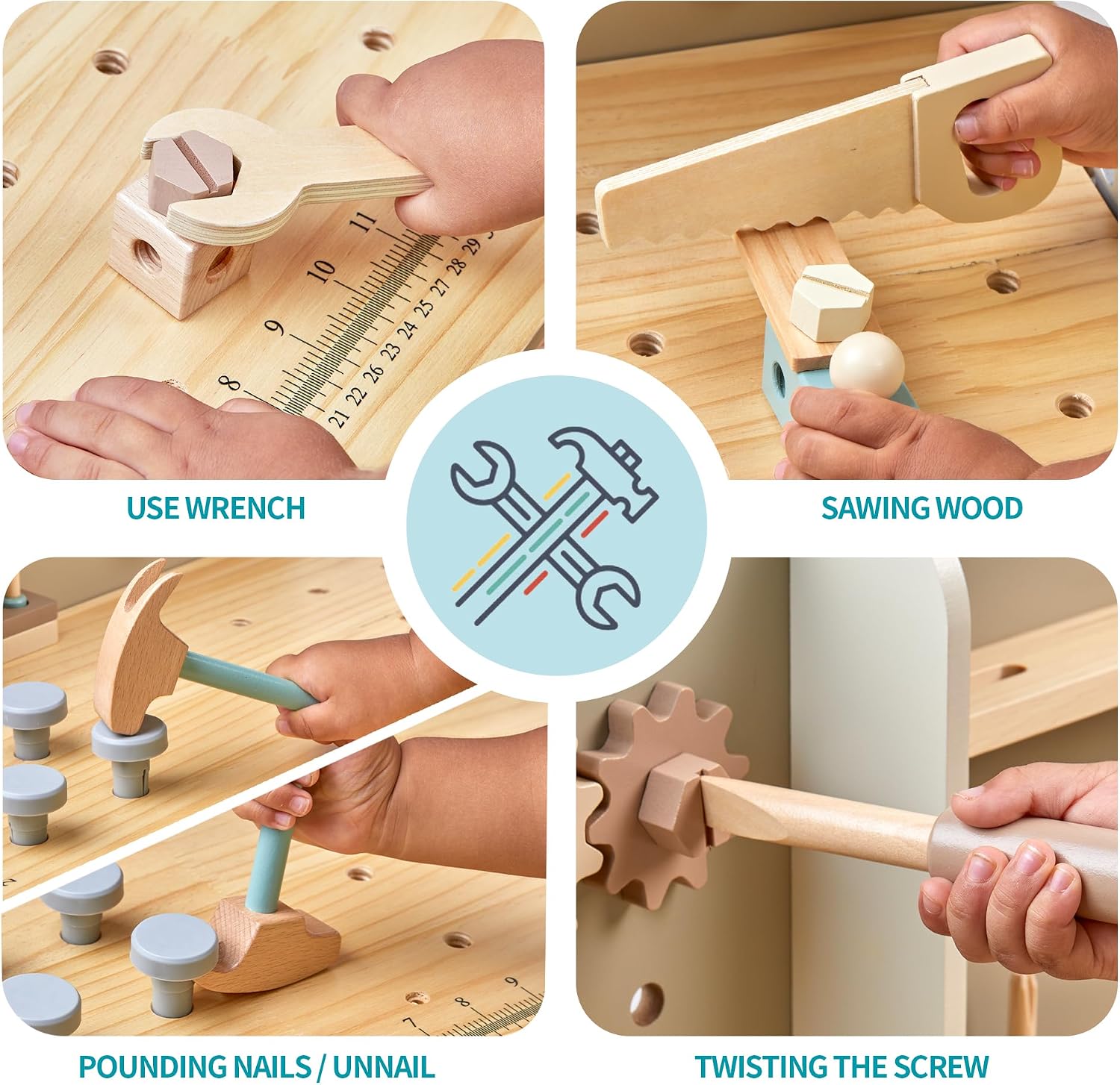Detalle de Kinder Werkzeug Bank aus Holz – Set mit Gürtel und realistischen Spielwerkzeugen