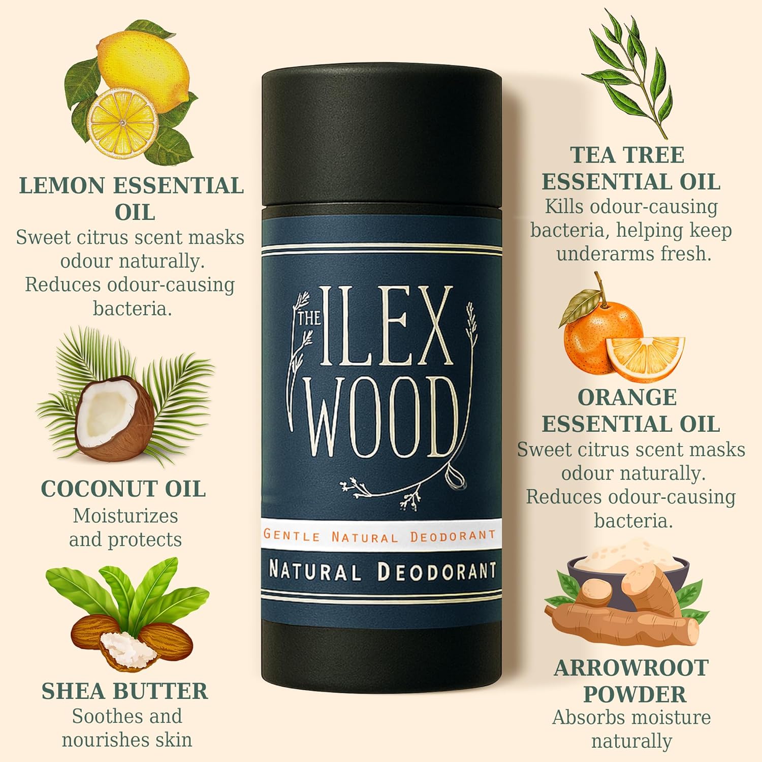 Detalle de The Ilex Wood Natural Deodorant Stick 70ml (Sodium Bicarbonate Free) – Vegan, Aluminium & Toxin Free, Plastic Free
