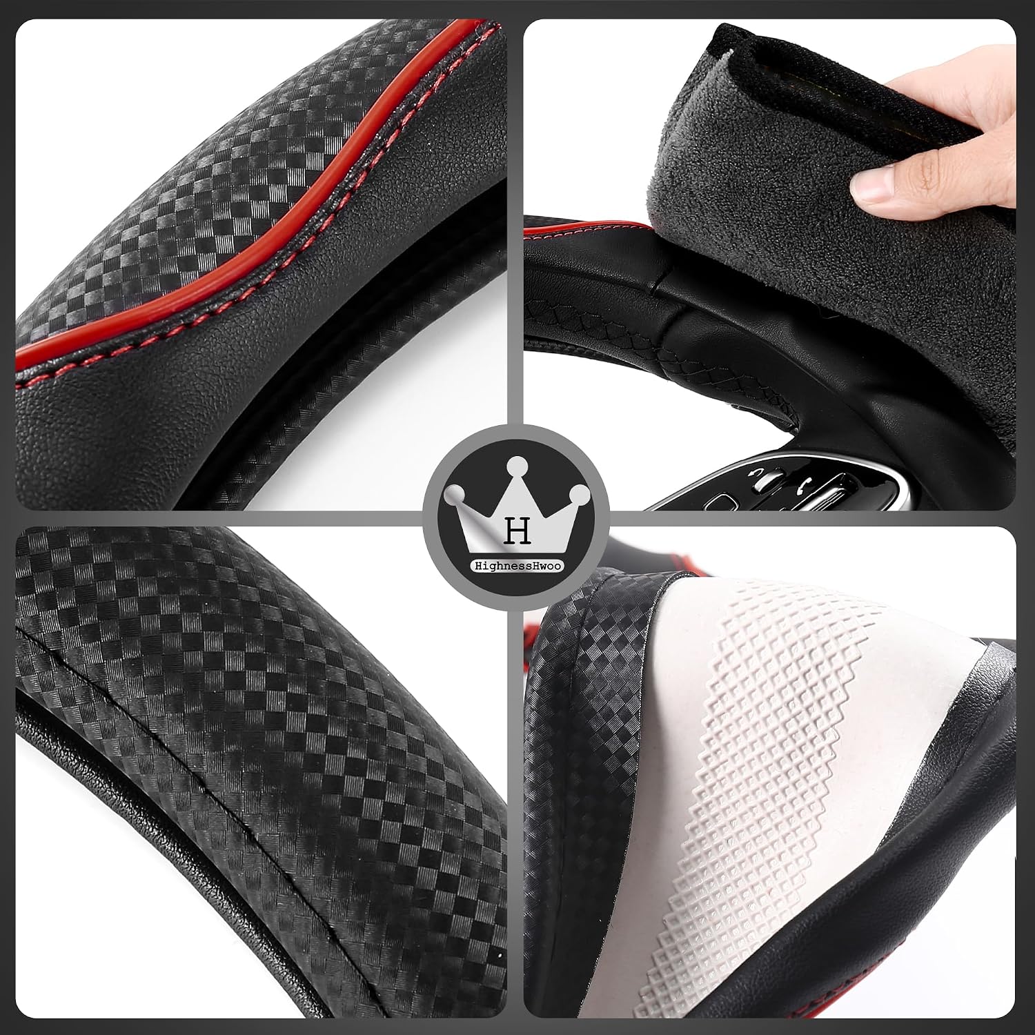 Thumbnail 6 de HighnessHwoo 3D Car Steering Wheel Cover – Comfort Grip, Anti-Slip Carbon Fibre Faux Leather, 37–38 cm, Red (Universal Fit)