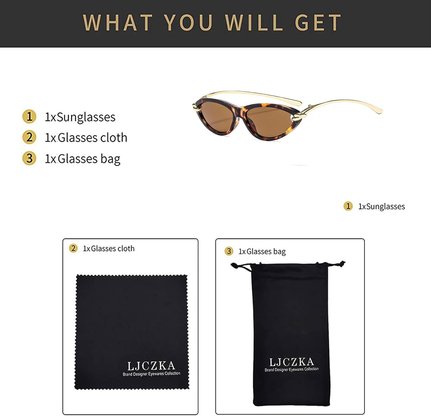 Thumbnail 6 de LJCZKA Retro Oval Cat Eye Sunglasses for Women – 90s Luxury Gold Temples, UV400 Protection