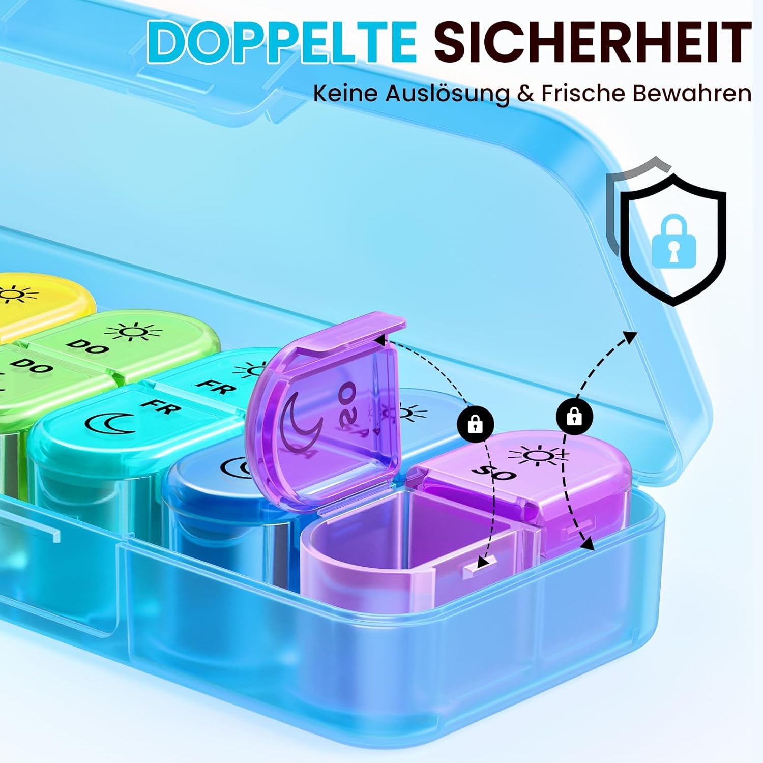 Detalle de Doruimi Tablettenbox 7 Tage – Morgens & Abends, BPA-frei, 2 Fächer pro Tag, kompakt und langlebig (Blau)